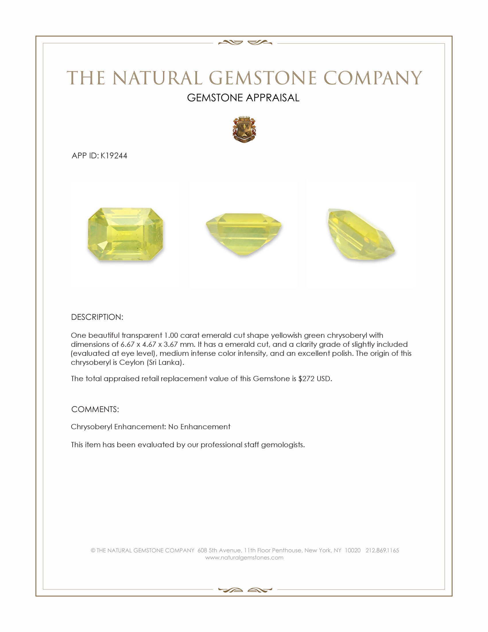 1.00 Ct. Chrysoberyl from Ceylon (Sri Lanka)
