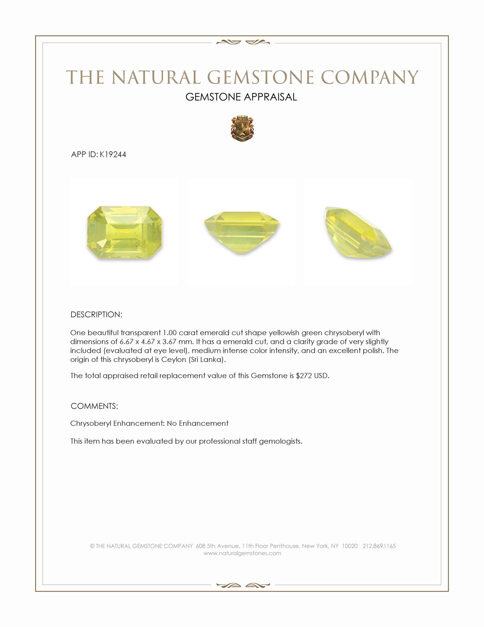 1.00 Ct. Chrysoberyl from Ceylon (Sri Lanka)