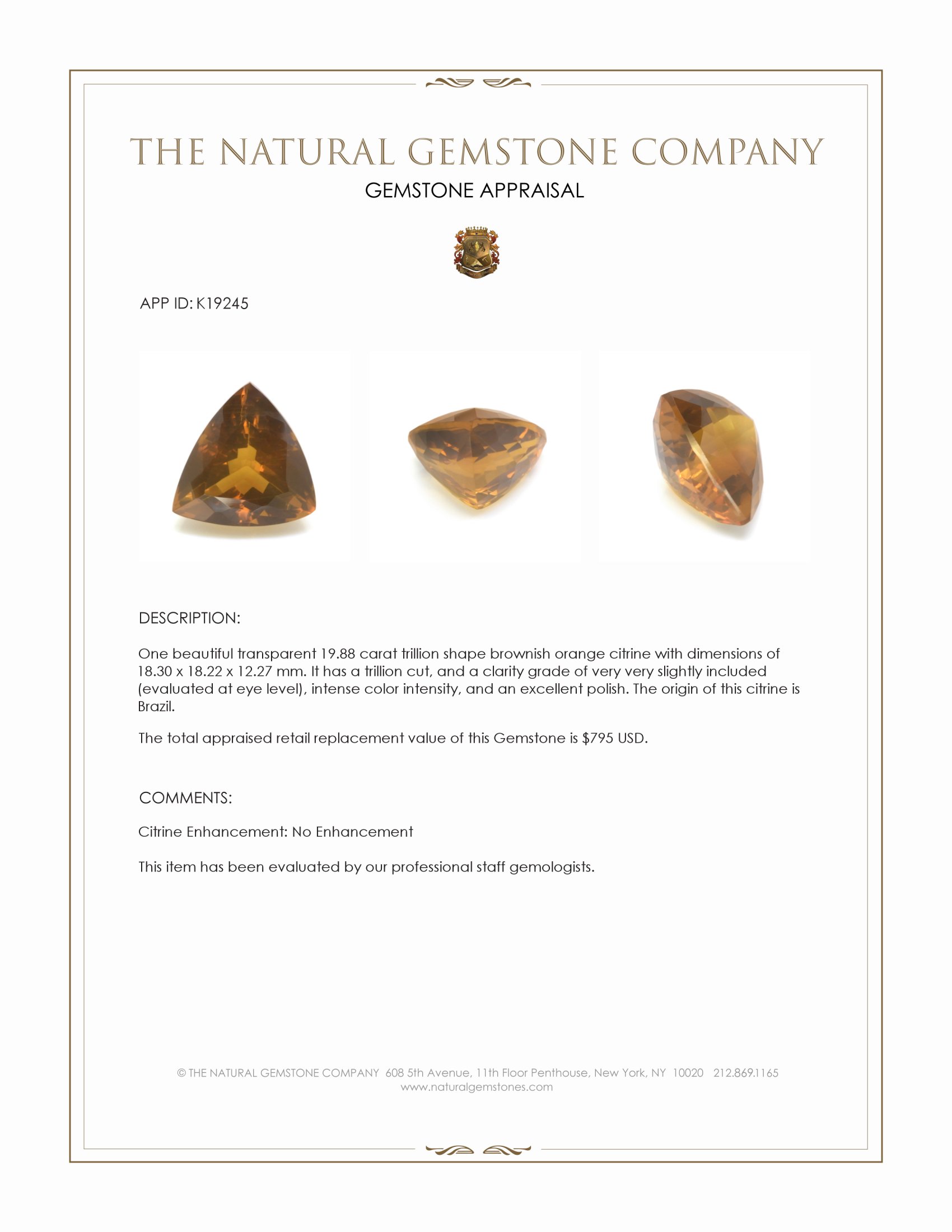 19.88 Ct. Orangish Brown Citrine from Brazil