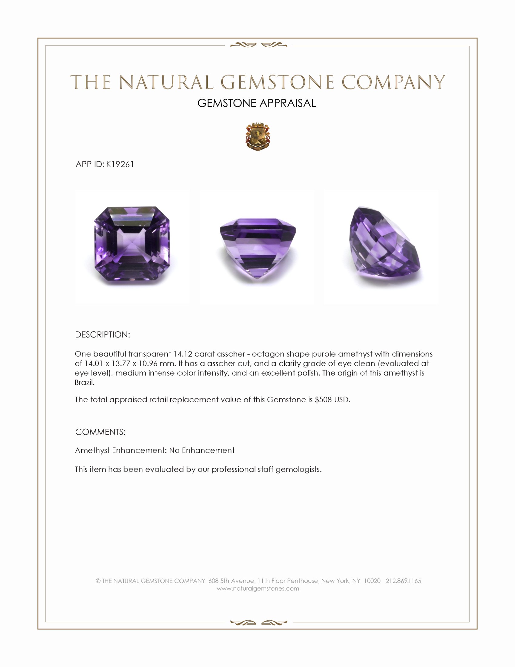 14.12 Ct. Amethyst from Brazil