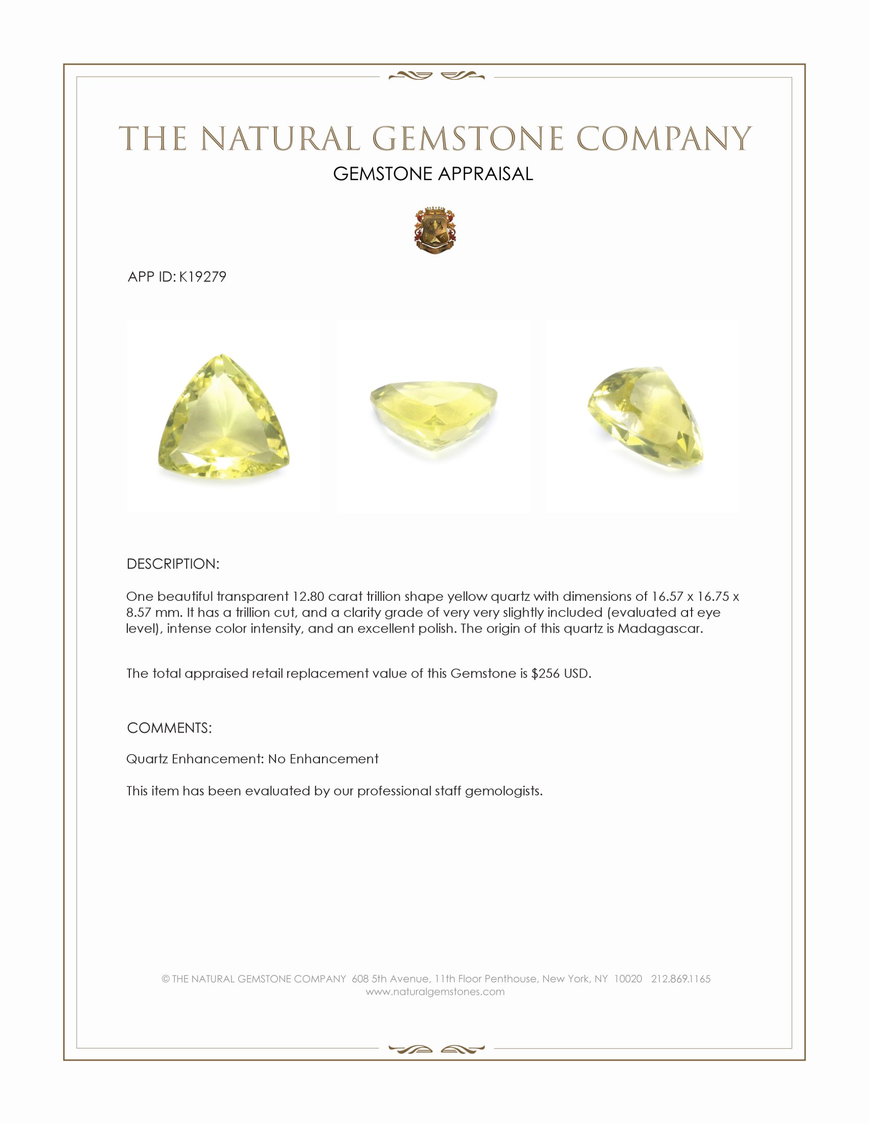 12.80 Ct. Yellow Quartz from Madagascar