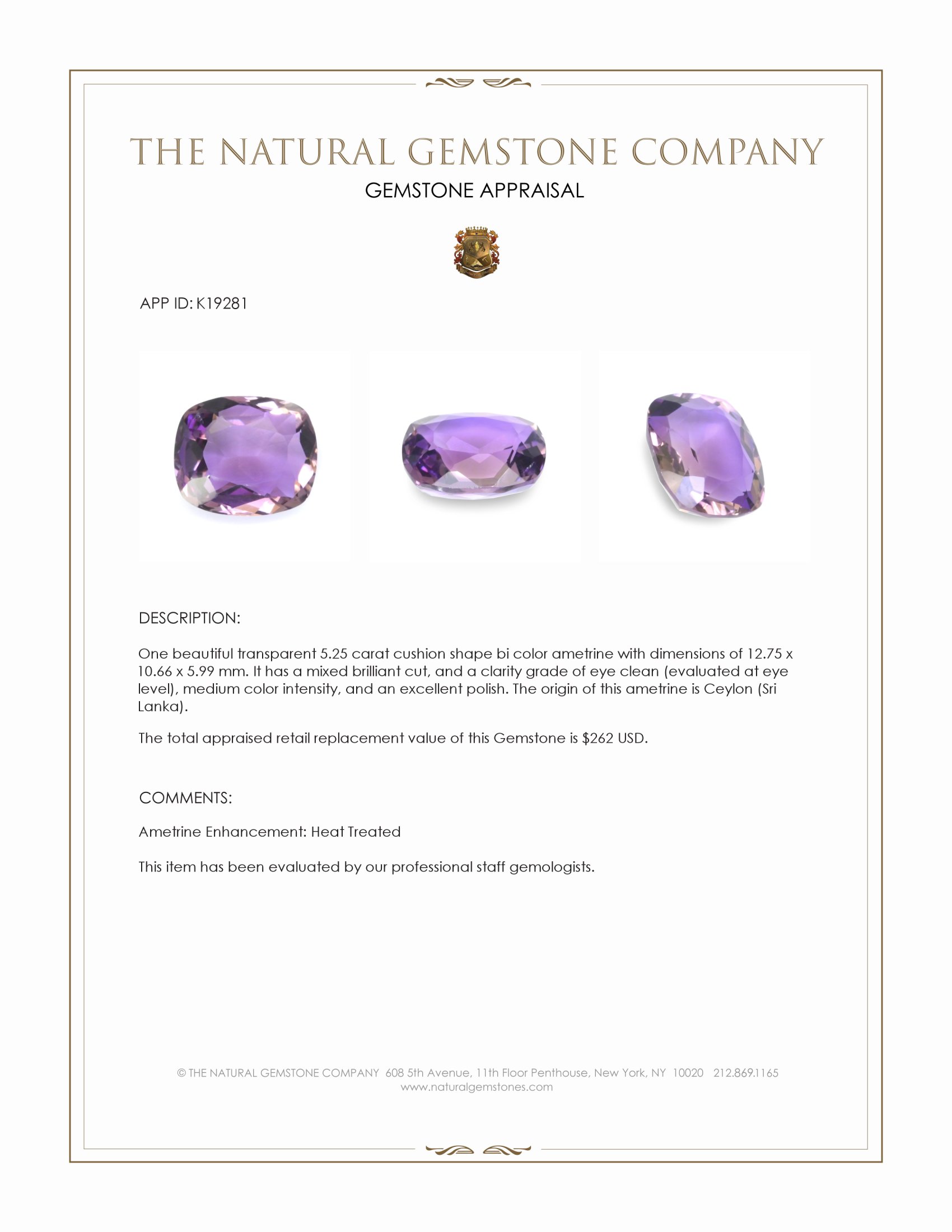 5.25 Ct. Ametrine from Ceylon (Sri Lanka)