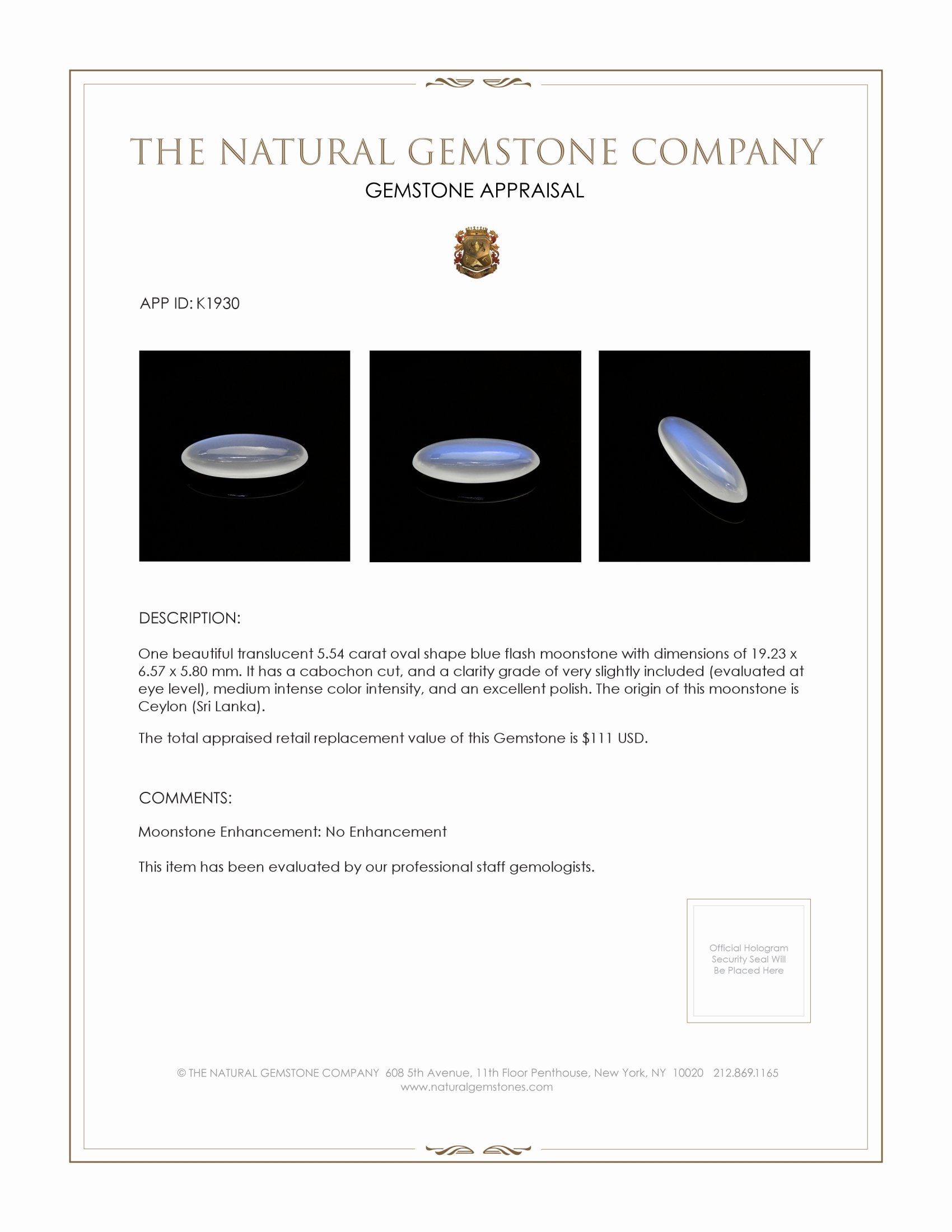 5.54 Ct. Blue Flash Cabochon Moonstone from Ceylon (Sri Lanka)