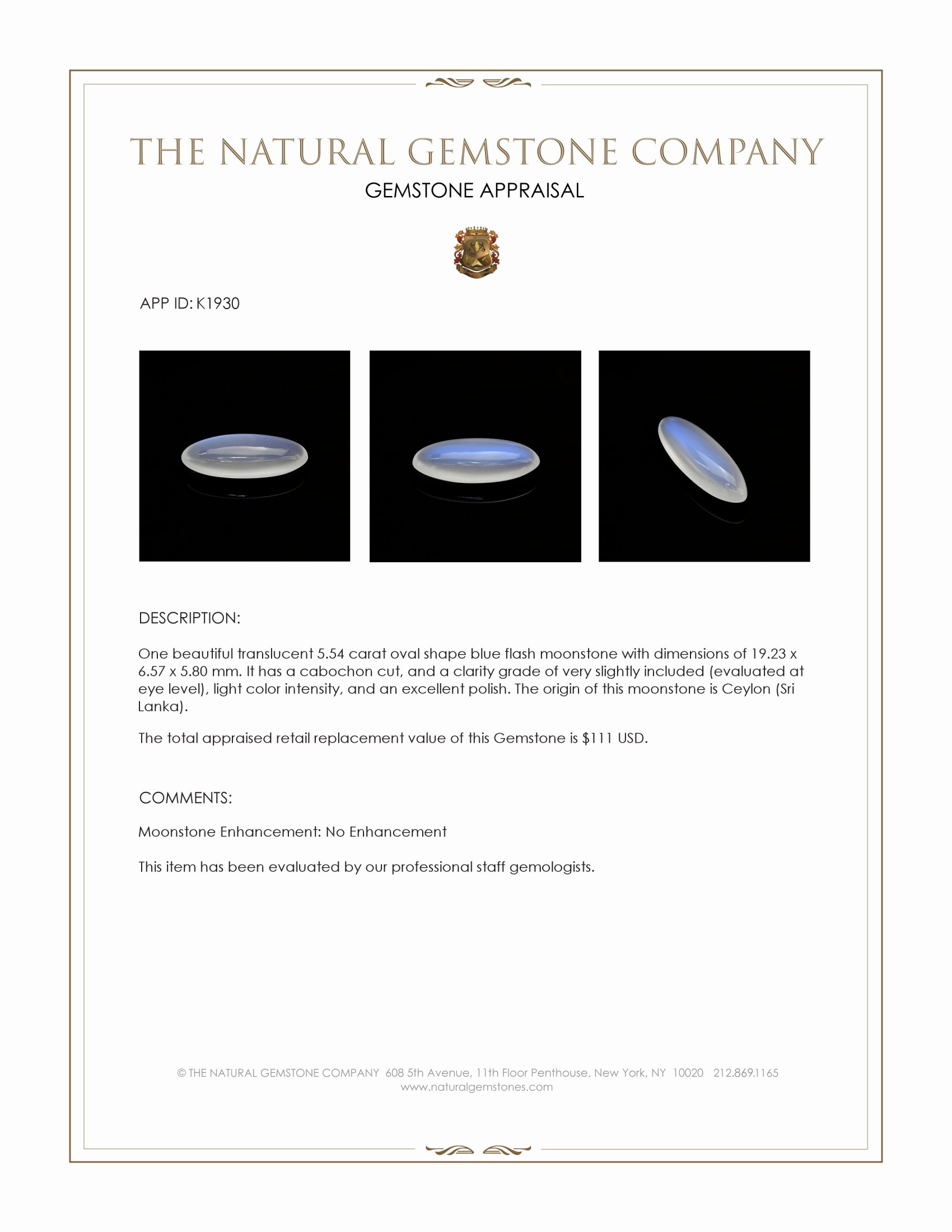 5.54 Ct. Cabochon Moonstone from Ceylon (Sri Lanka)