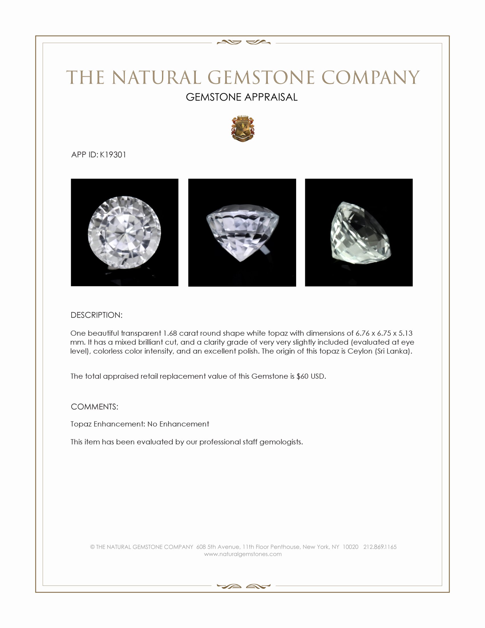 1.68 Ct. White Topaz from Ceylon (Sri Lanka)
