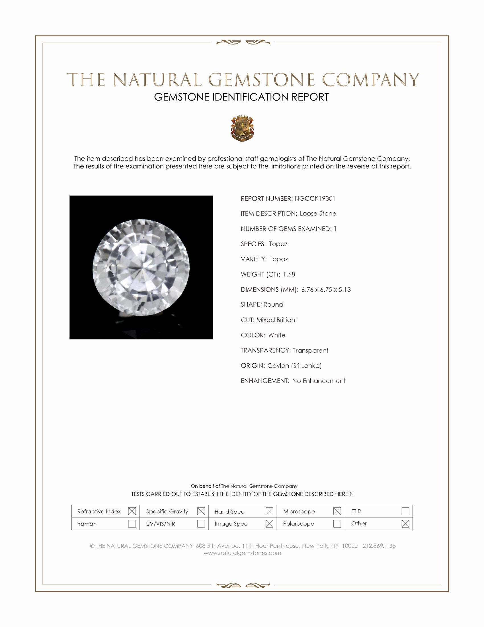 1.68 Ct. White Topaz from Ceylon (Sri Lanka)