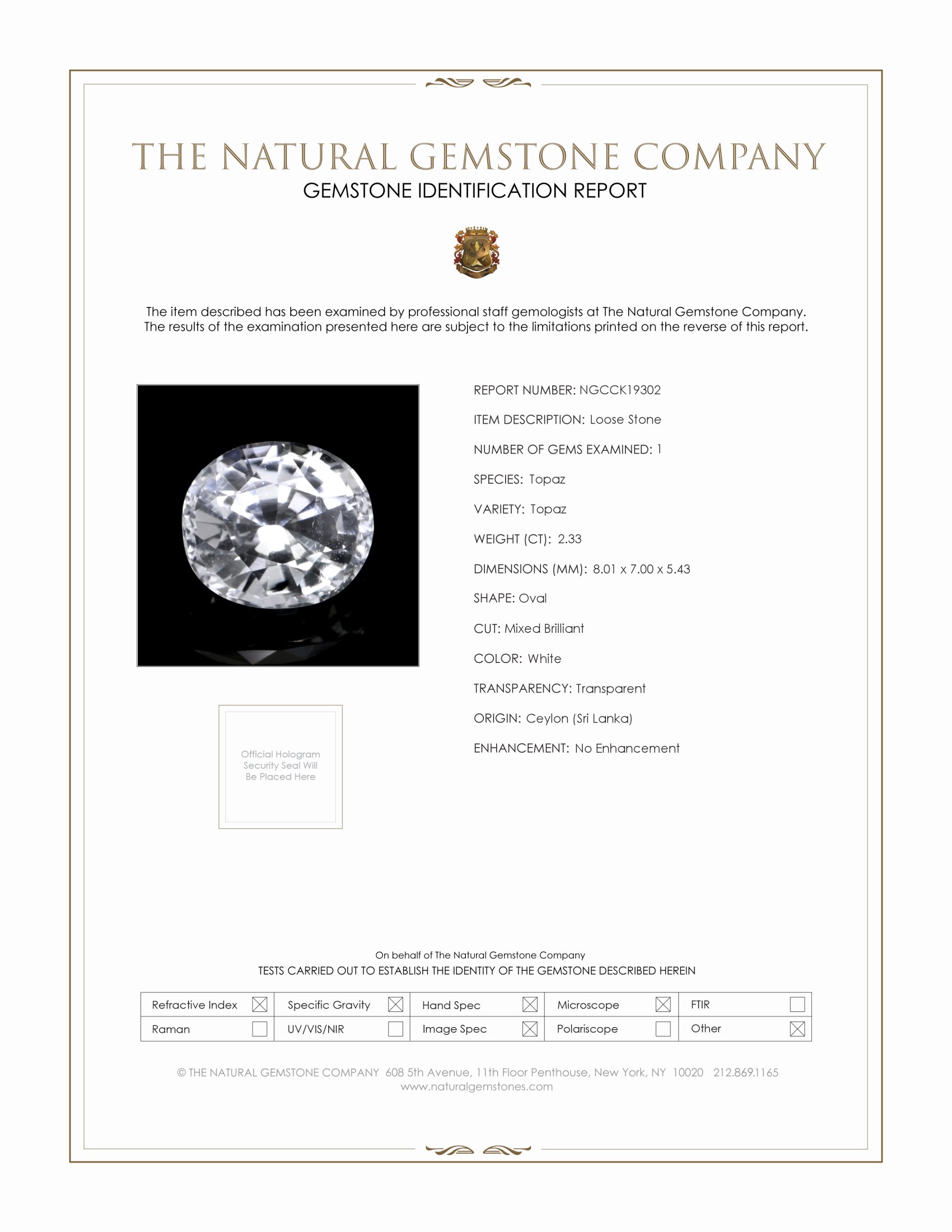2.33 Ct. White Topaz from Ceylon (Sri Lanka)