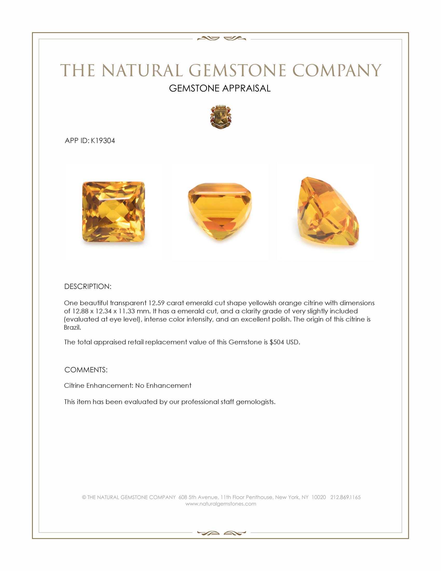 12.59 Ct. Yellowish Orange Citrine from Brazil