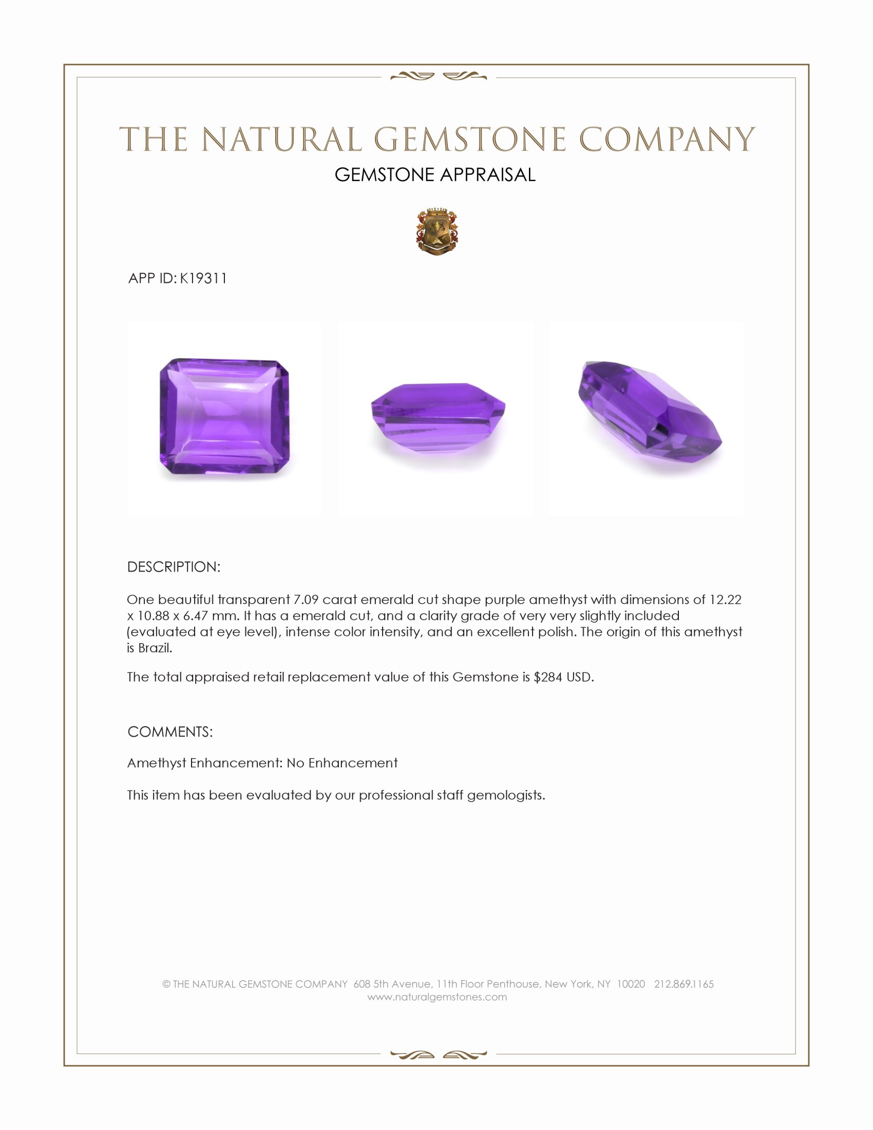 7.09 Ct. Amethyst from Brazil