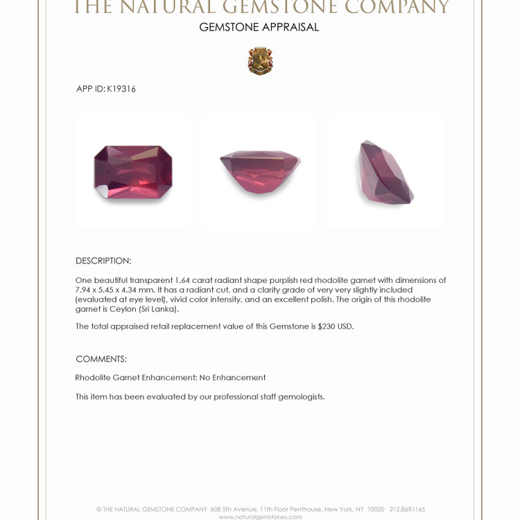 1.64 Ct. Rhodolite Garnet from Ceylon (Sri Lanka)