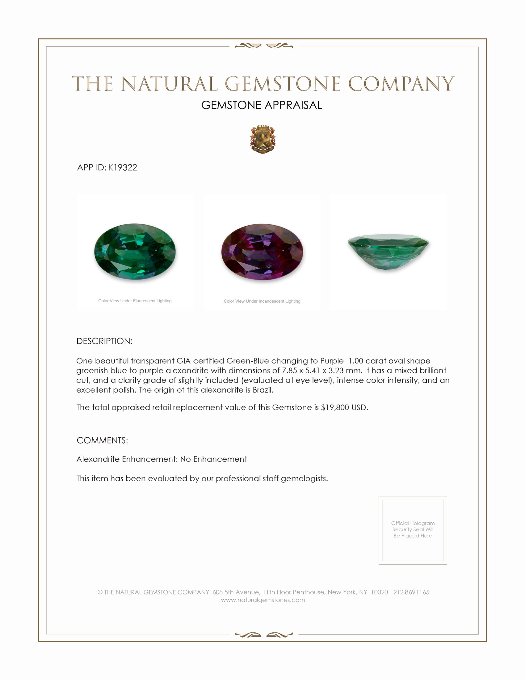 1.00 Ct. Alexandrite from Brazil