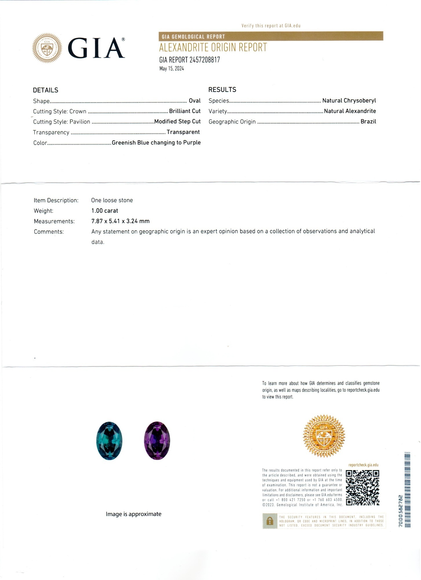 1.00 Ct. Alexandrite from Brazil