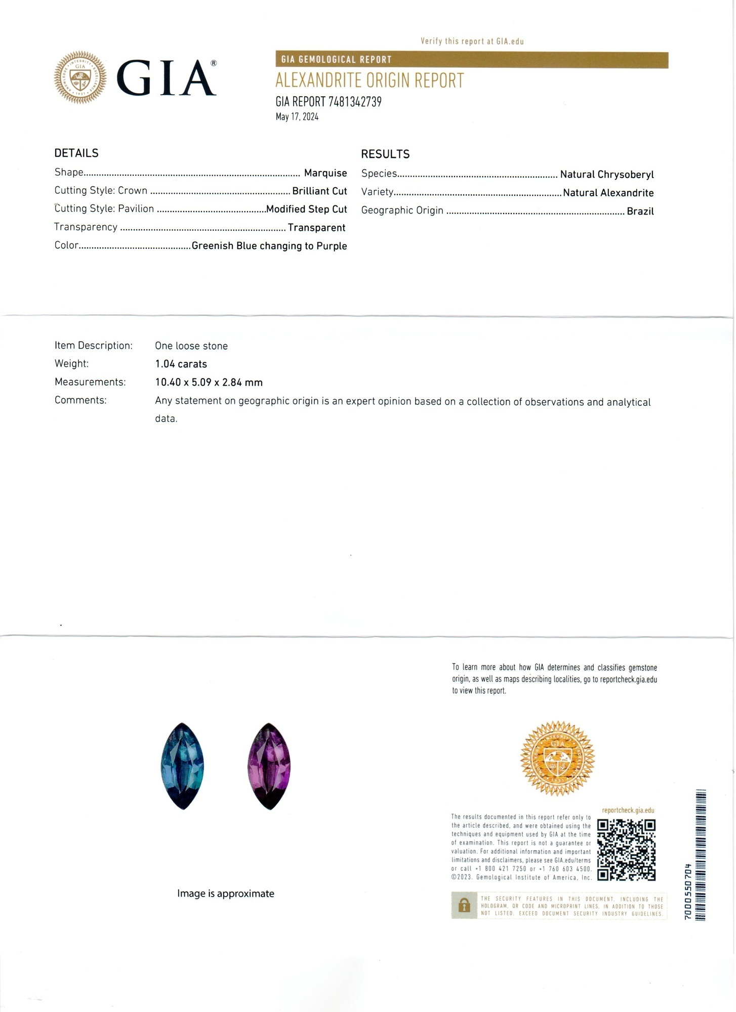 1.04 Ct. Alexandrite from Brazil