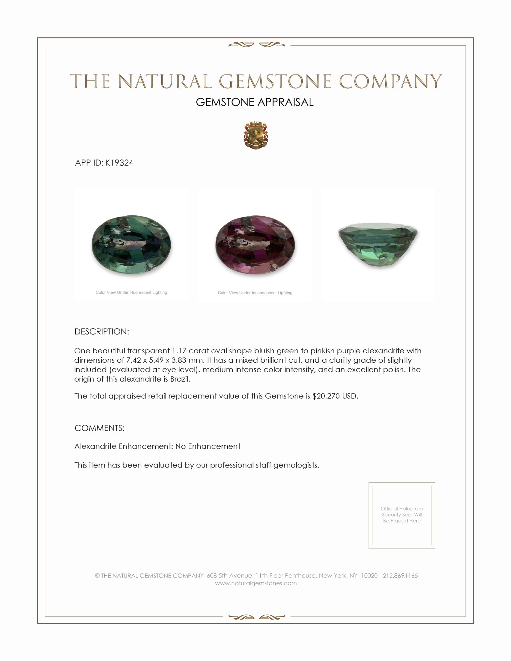 1.17 Ct. Alexandrite from Brazil