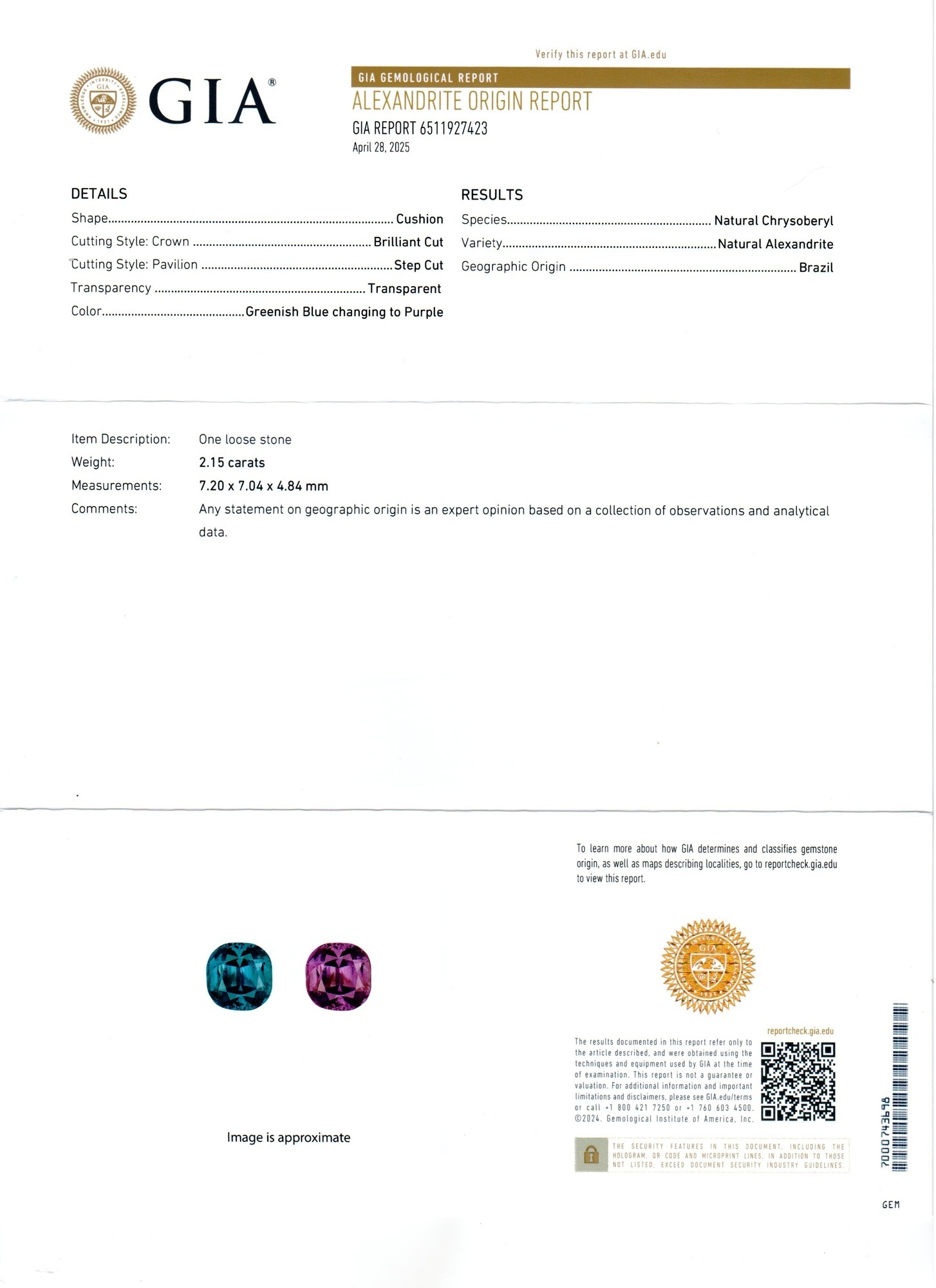 2.15 Ct. Alexandrite from Brazil