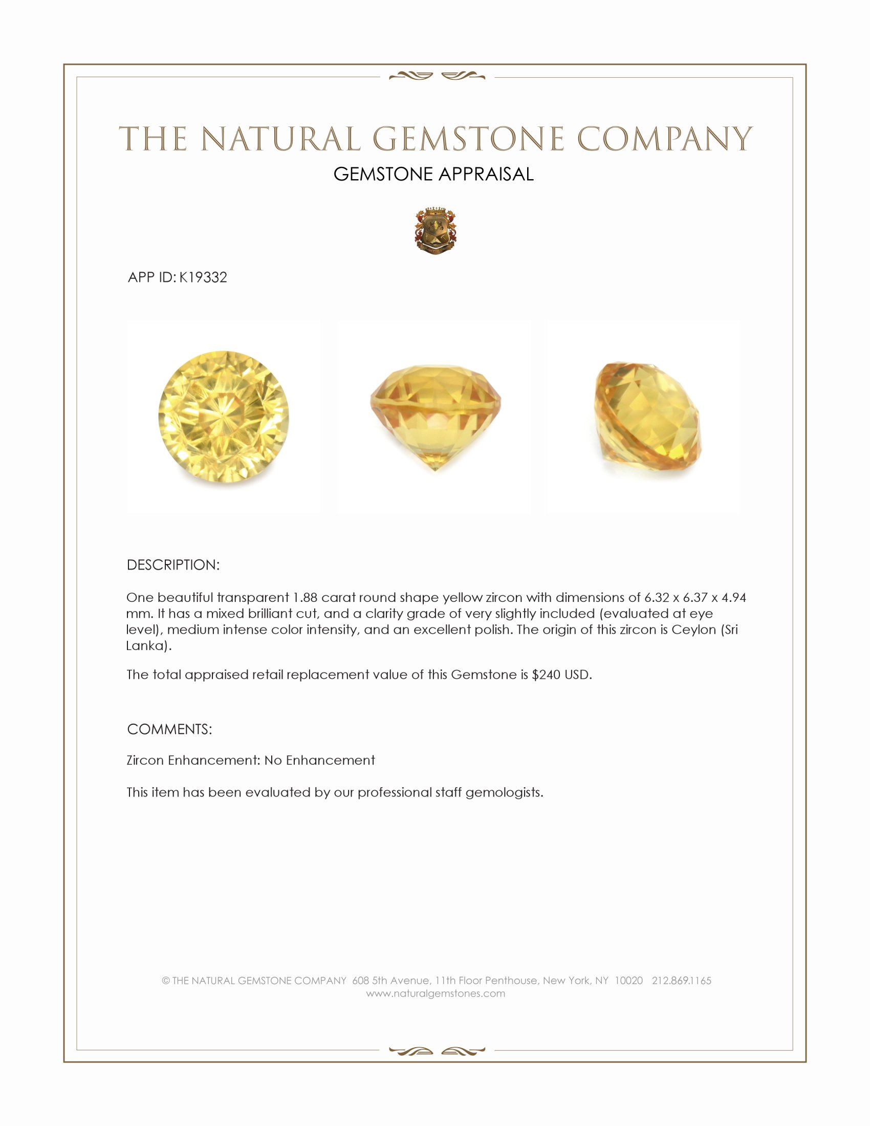 1.88 Ct. Zircon from Ceylon (Sri Lanka)