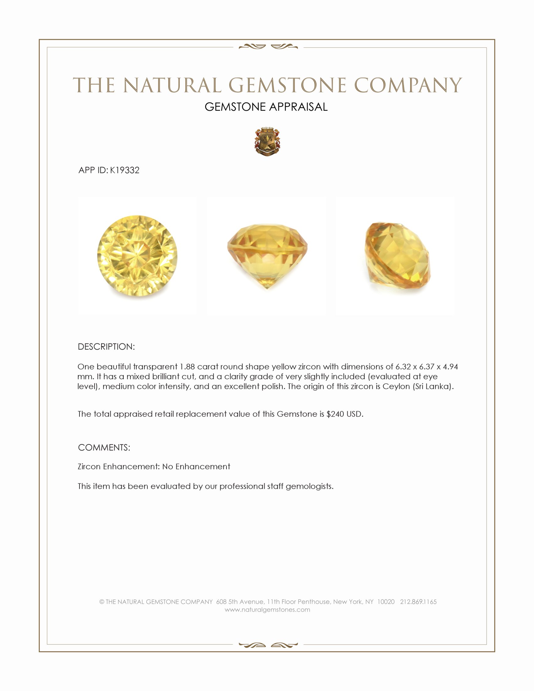 1.88 Ct. Zircon from Ceylon (Sri Lanka)