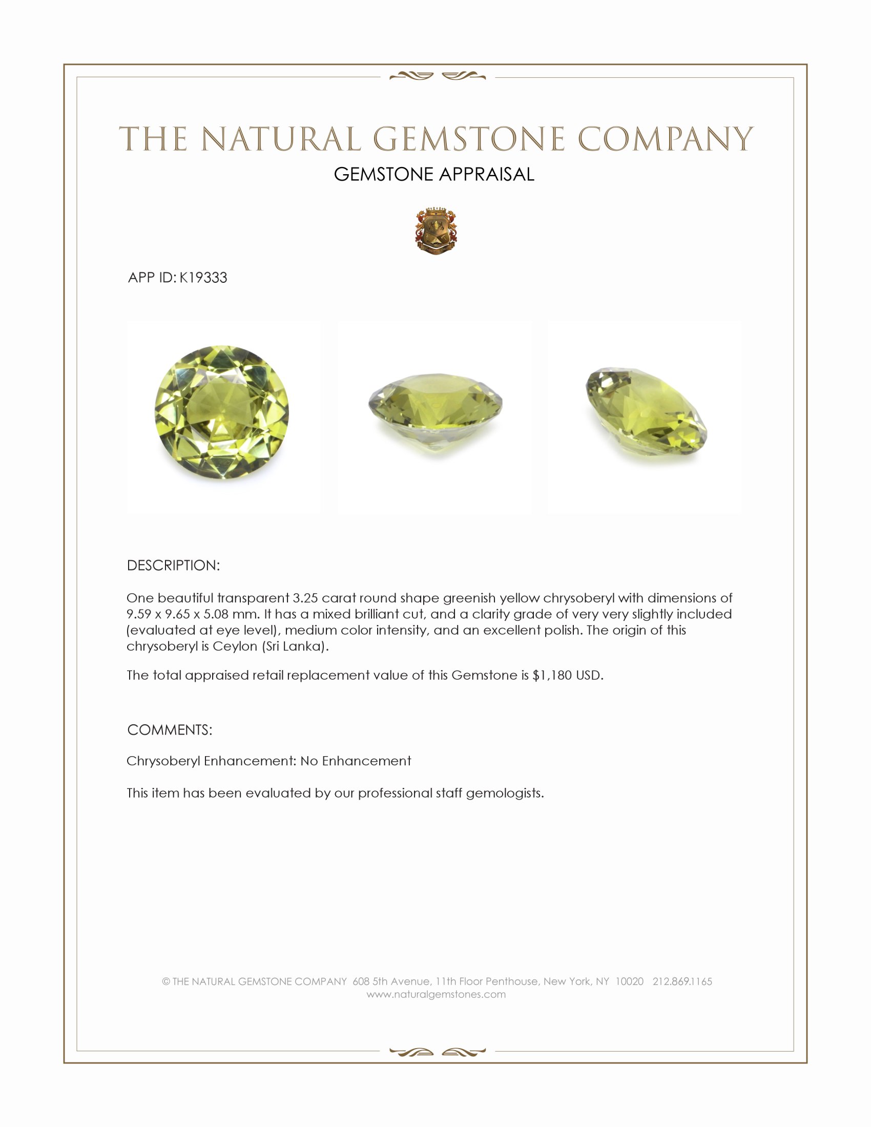 3.25 Ct. Chrysoberyl from Ceylon (Sri Lanka)