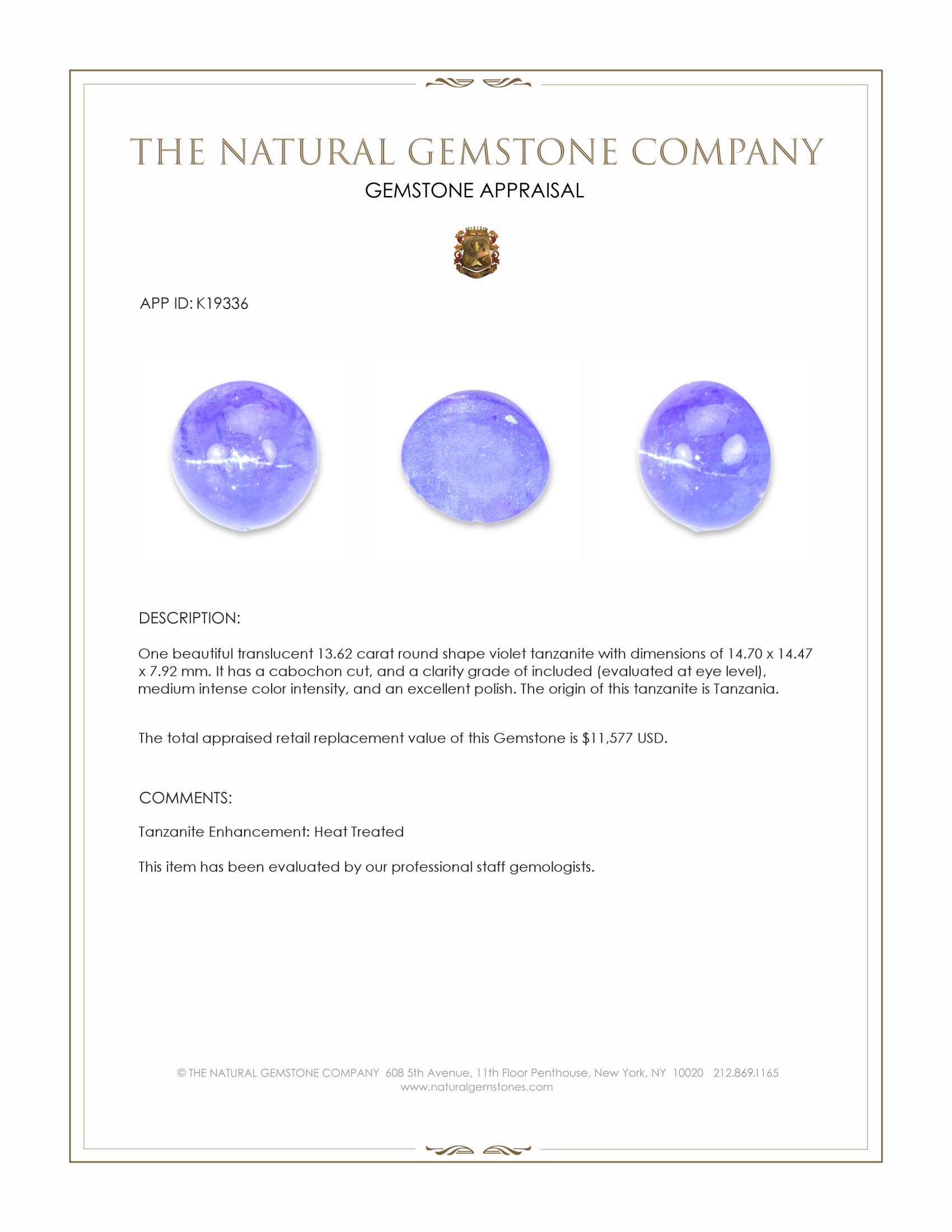 13.62 Ct. Cabochon Tanzanite from Tanzania