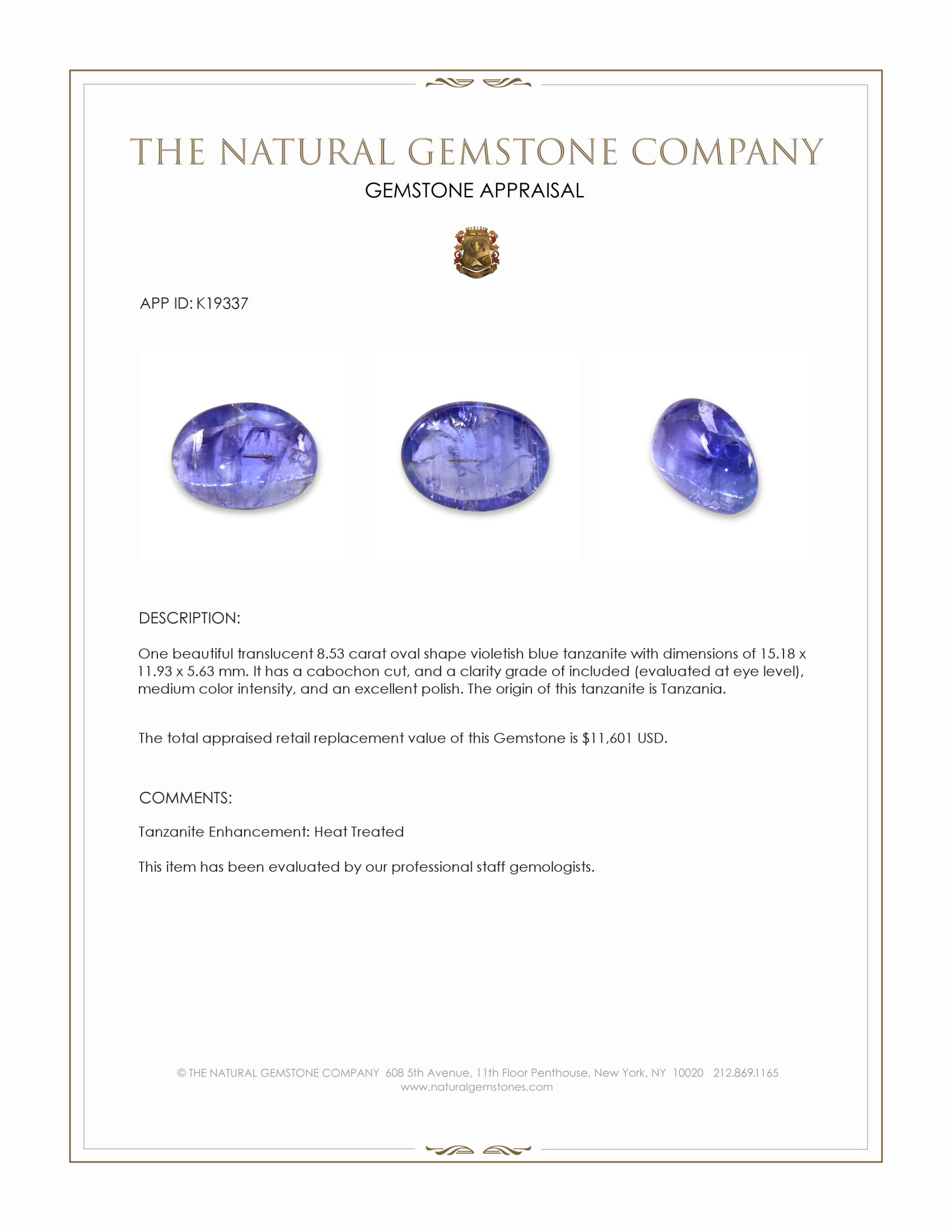 8.53 Ct. Cabochon Tanzanite from Tanzania