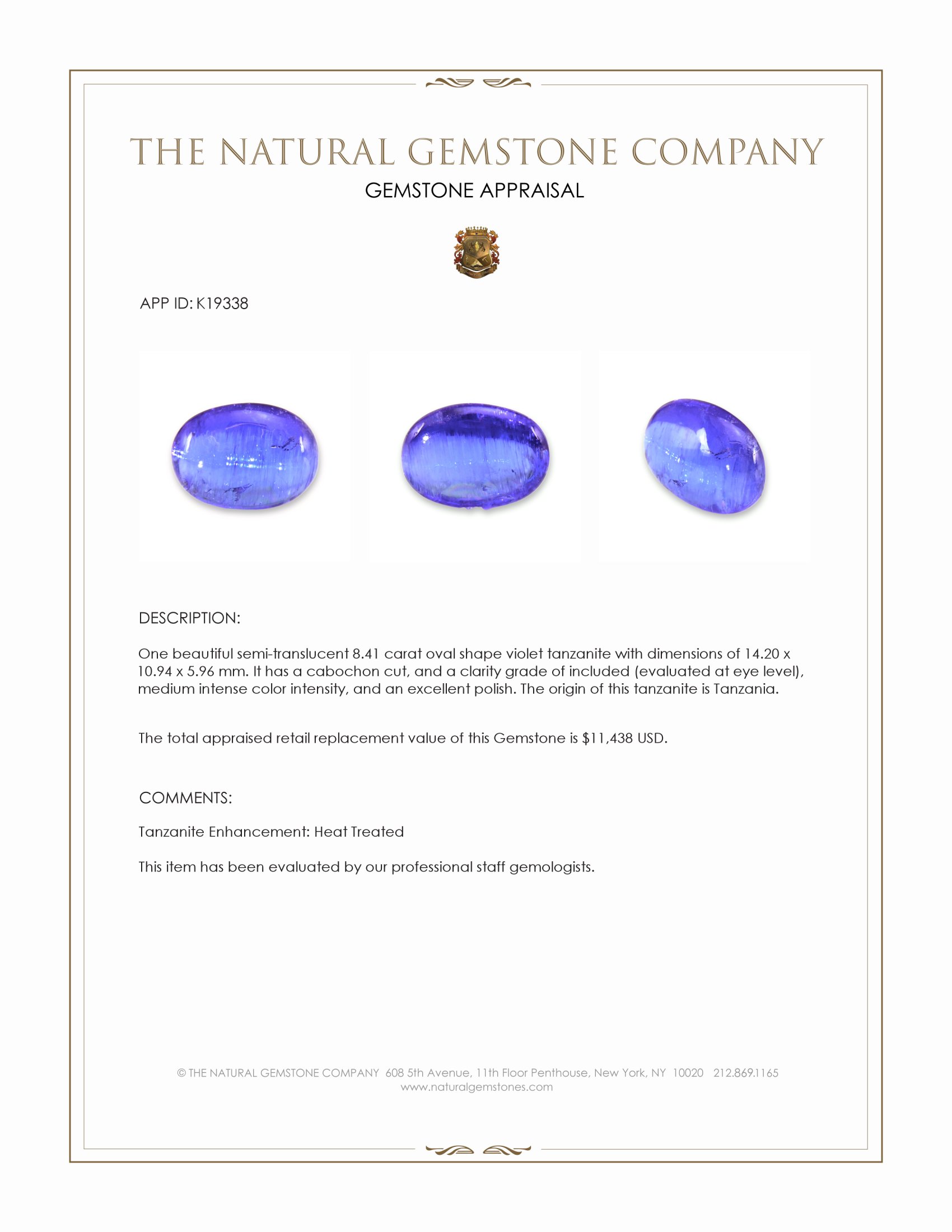 8.41 Ct. Cabochon Tanzanite from Tanzania