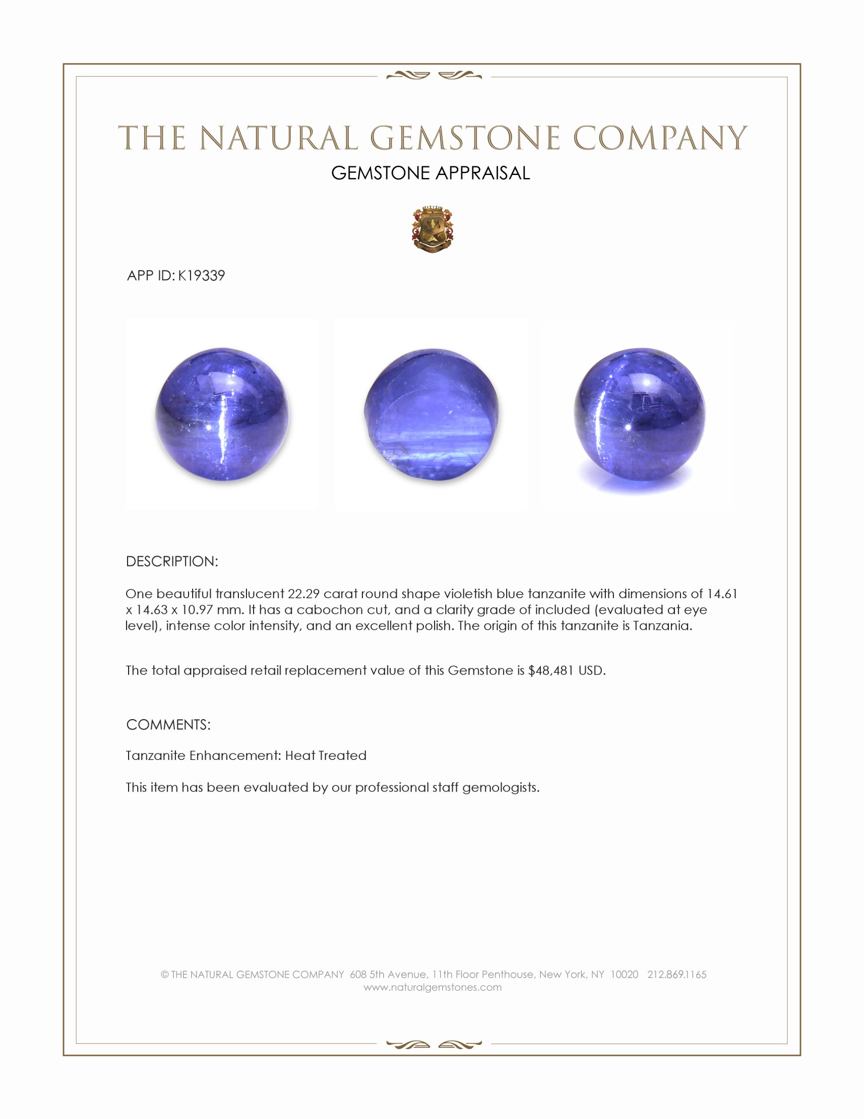 22.29 Ct. Cabochon Tanzanite from Tanzania