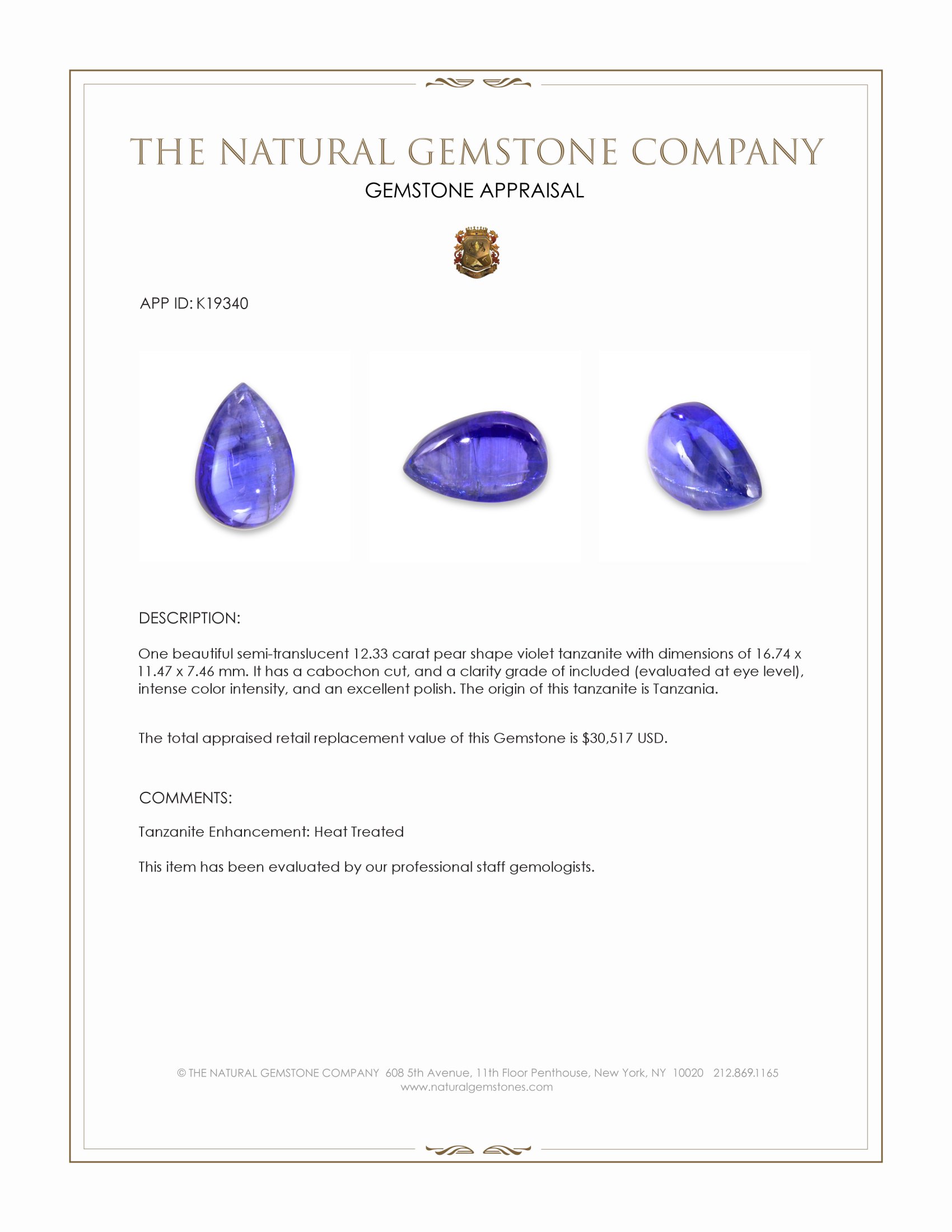 12.33 Ct. Cabochon Tanzanite from Tanzania