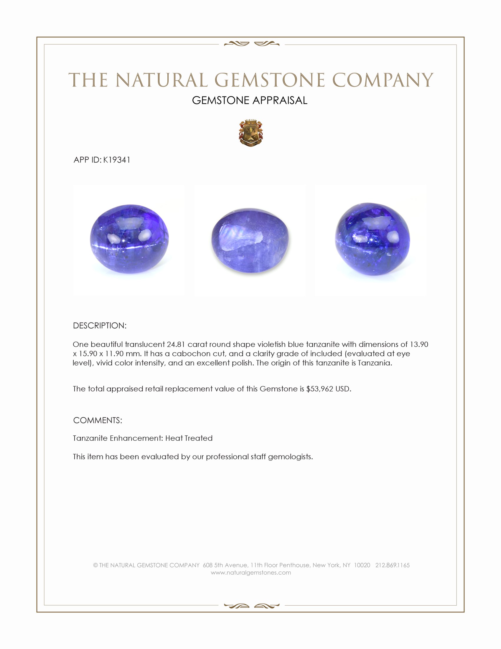 24.81 Ct. Violetish Blue Cabochon Tanzanite from Tanzania