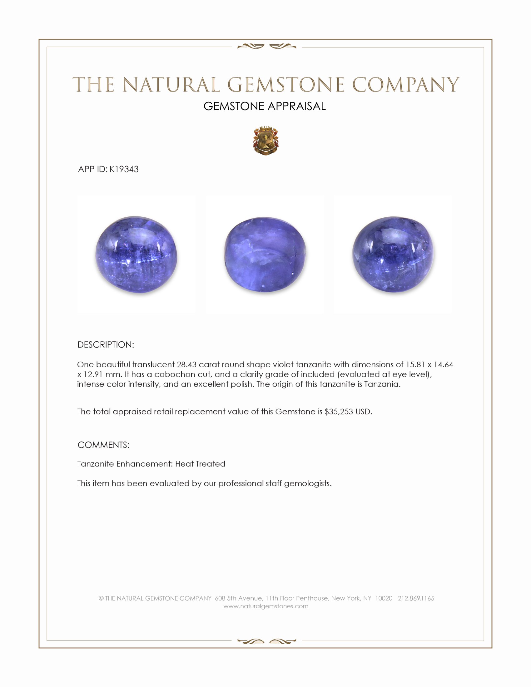 28.43 Ct. Cabochon Tanzanite from Tanzania