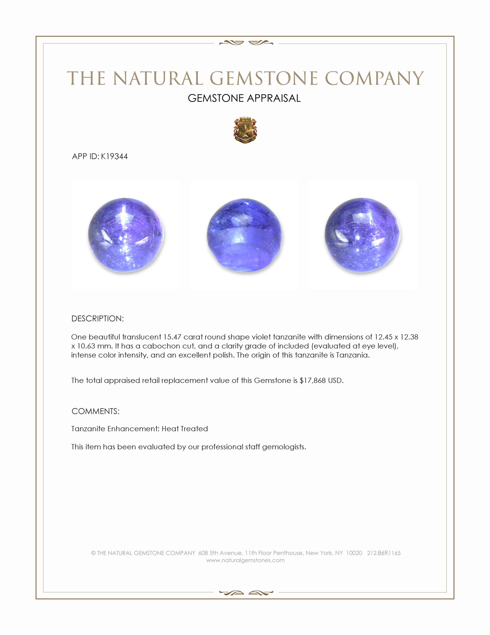 15.47 Ct. Cabochon Tanzanite from Tanzania