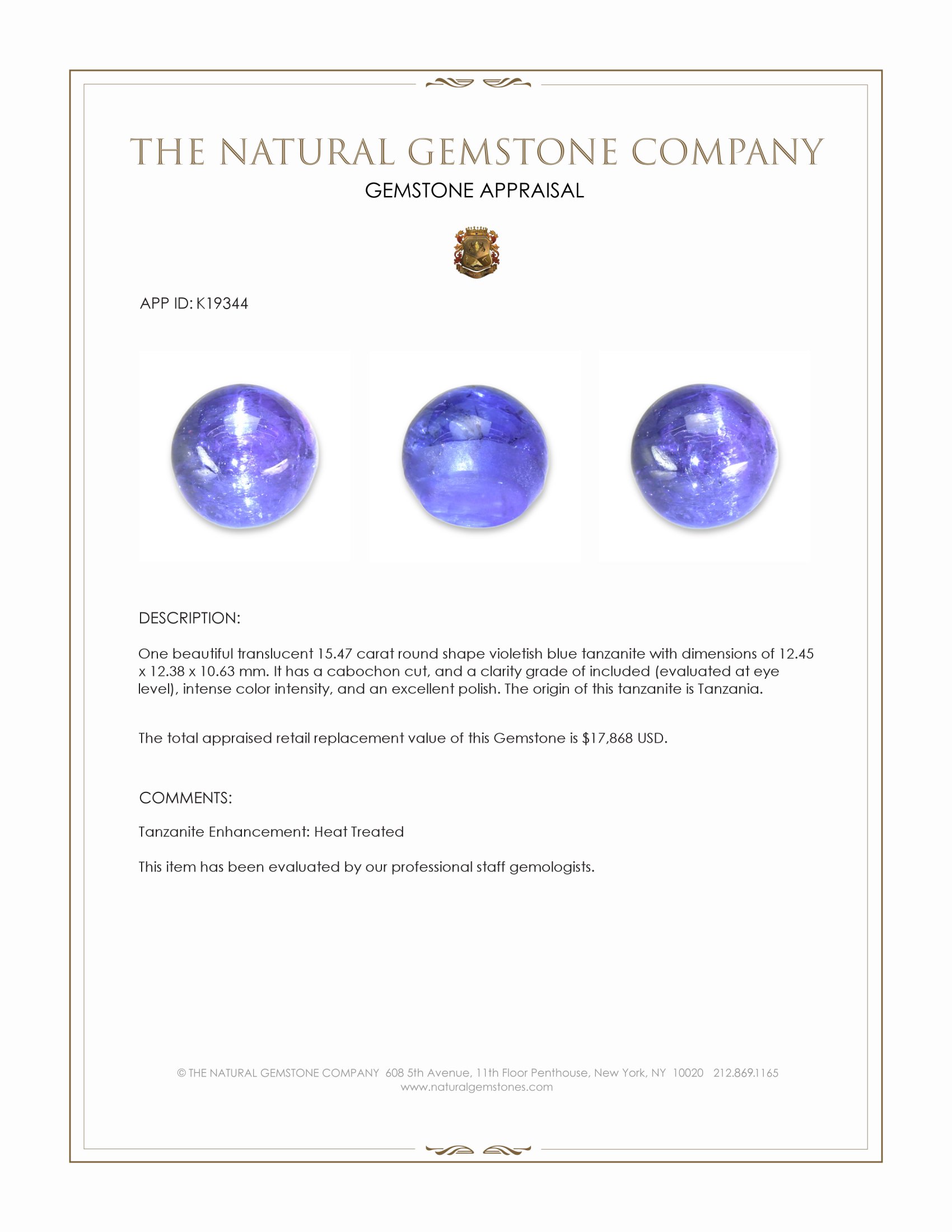 15.47 Ct. Cabochon Tanzanite from Tanzania