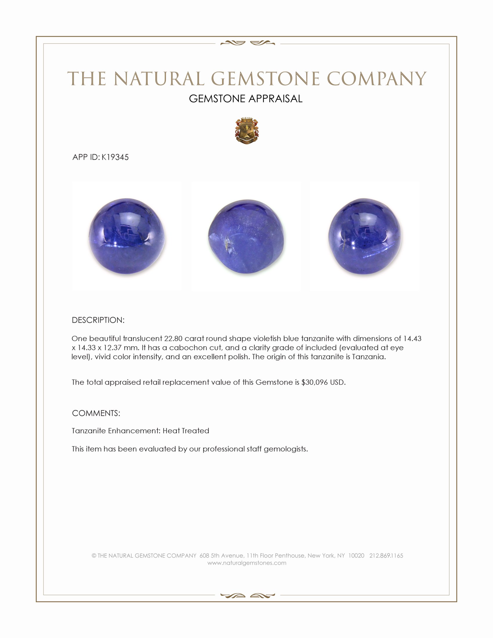 22.80 Ct. Cabochon Tanzanite from Tanzania