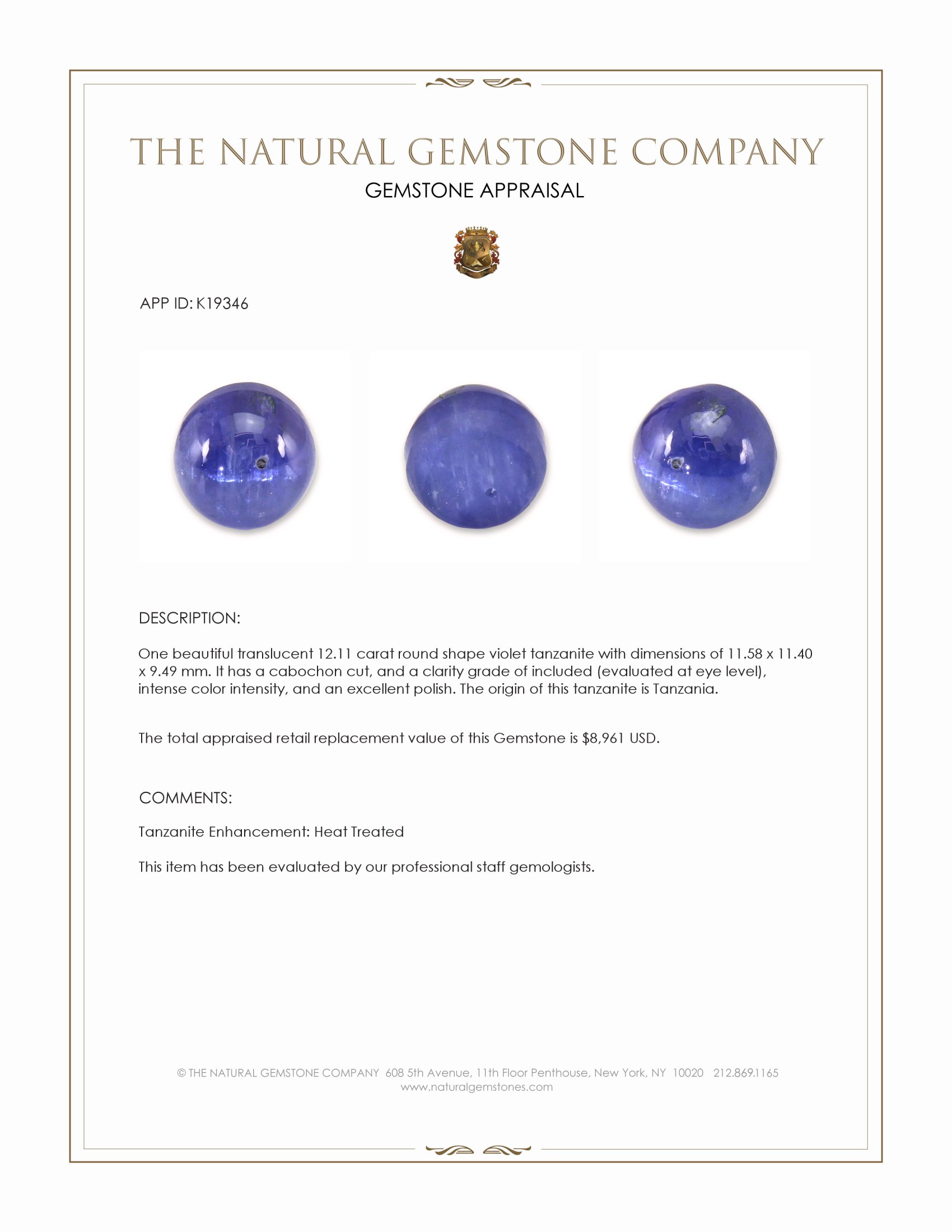 12.11 Ct. Cabochon Tanzanite from Tanzania