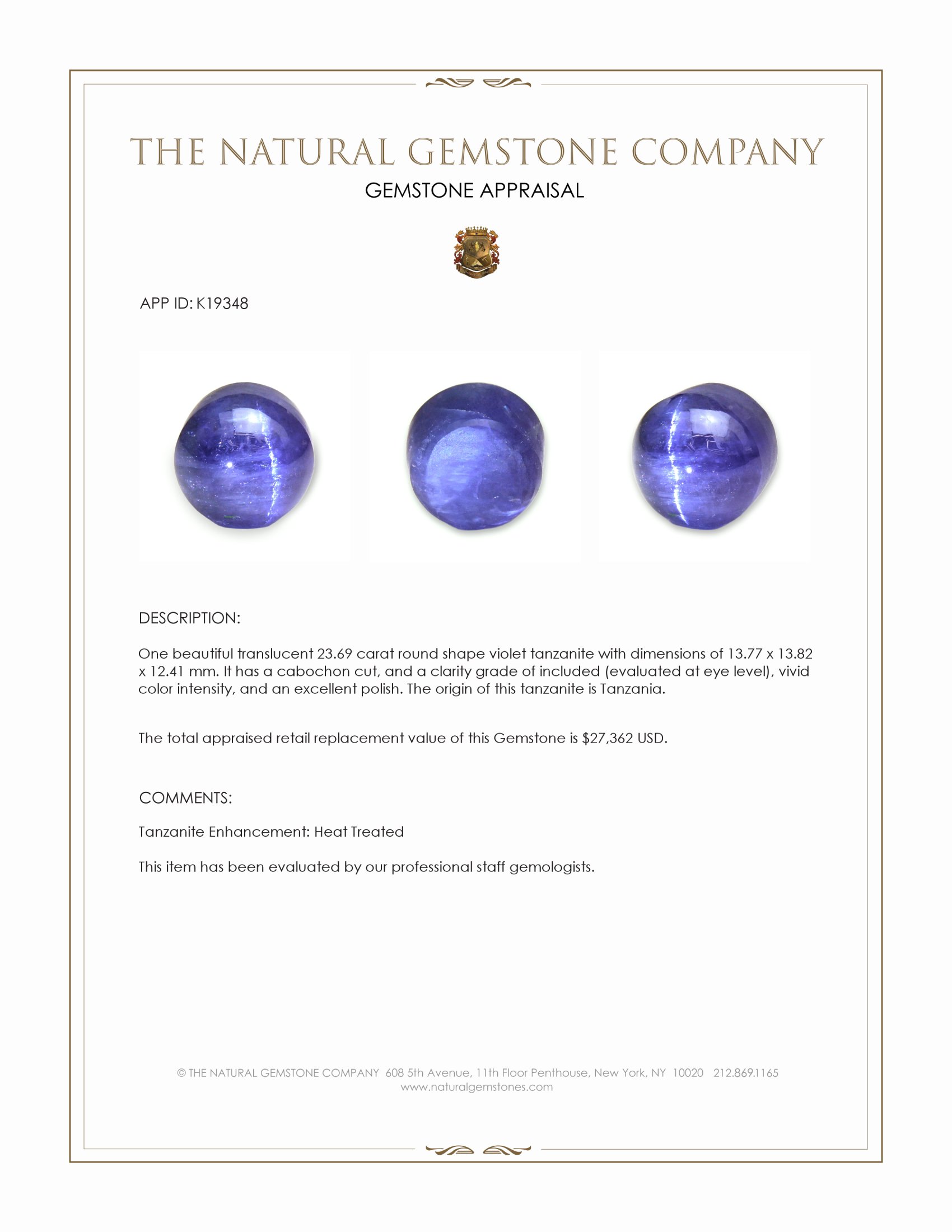 23.69 Ct. Cabochon Tanzanite from Tanzania