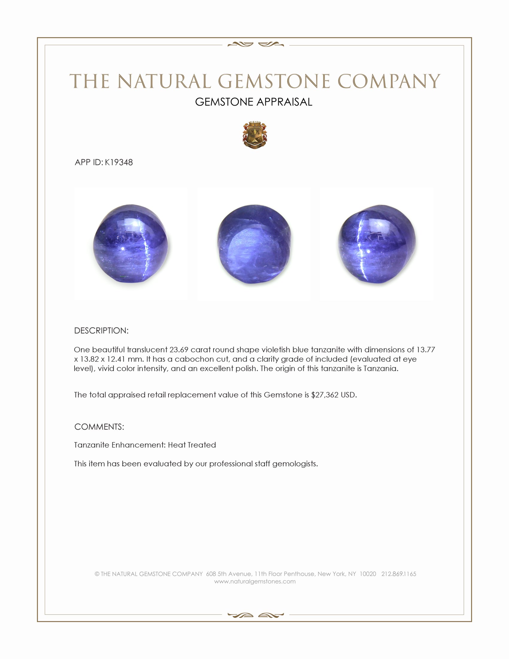 23.69 Ct. Cabochon Tanzanite from Tanzania