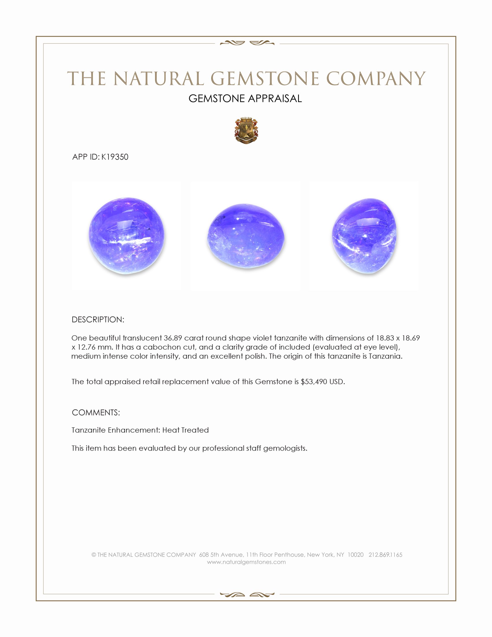 36.89 Ct. Cabochon Tanzanite from Tanzania