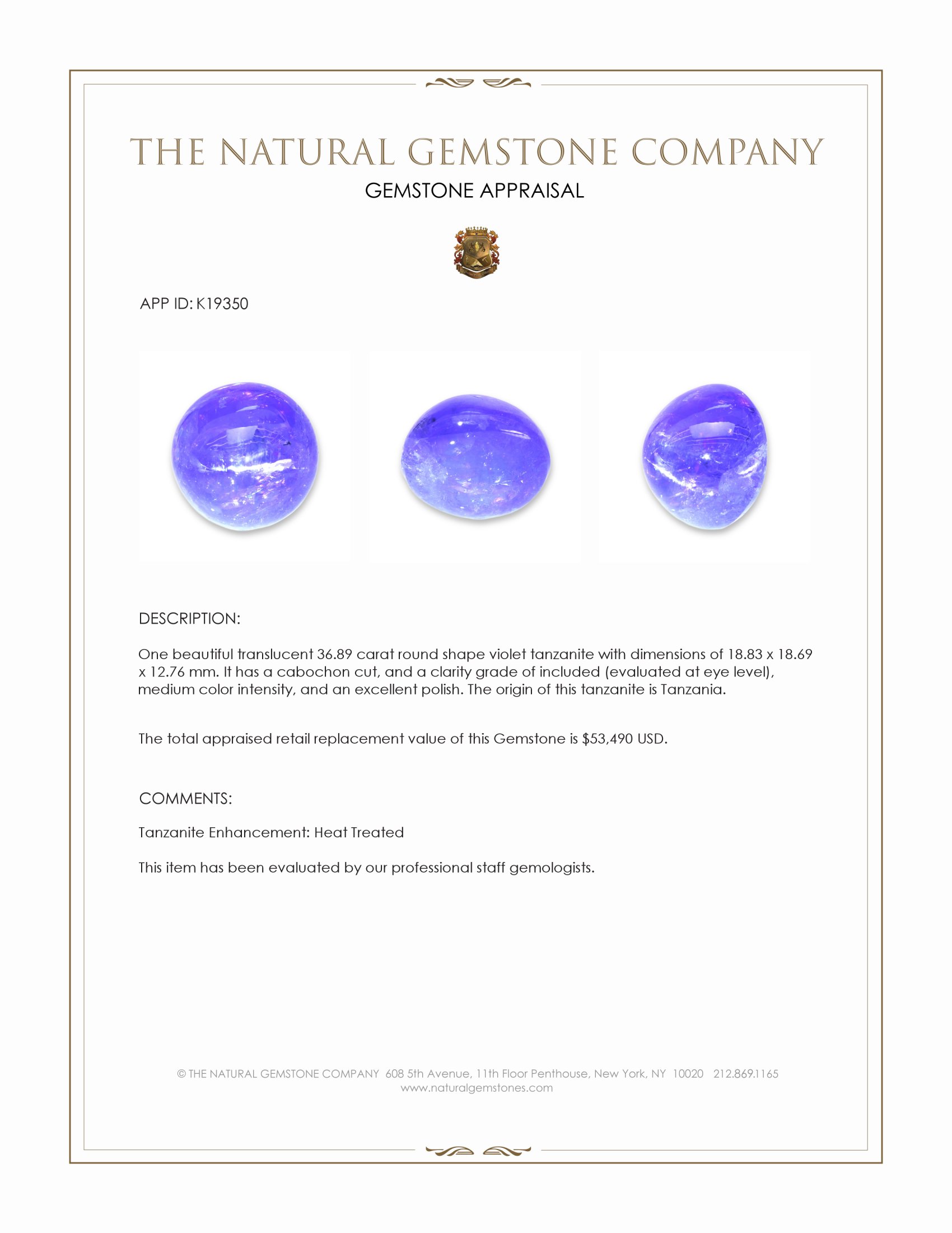 36.89 Ct. Cabochon Tanzanite from Tanzania