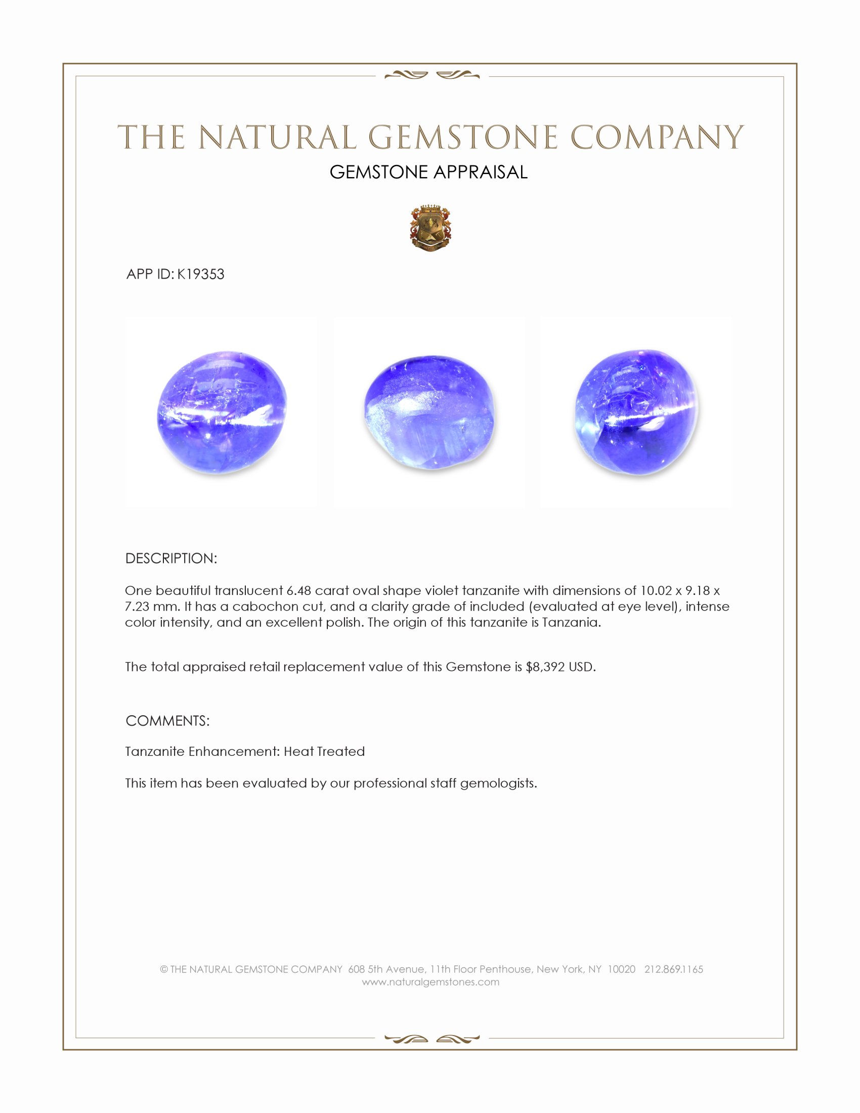 6.48 Ct. Cabochon Tanzanite from Tanzania