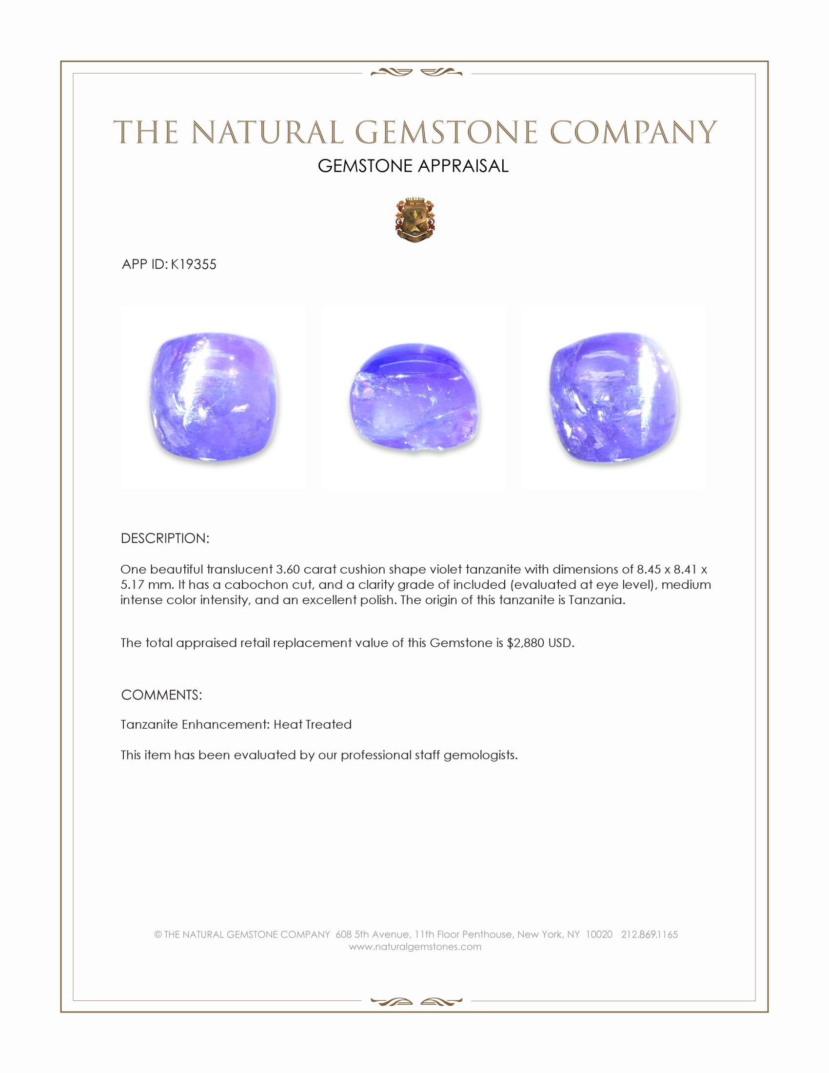 3.60 Ct. Cabochon Tanzanite from Tanzania