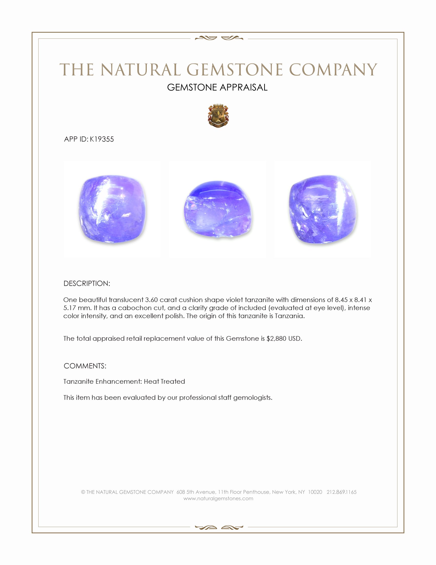 3.60 Ct. Violet Cabochon Tanzanite from Tanzania