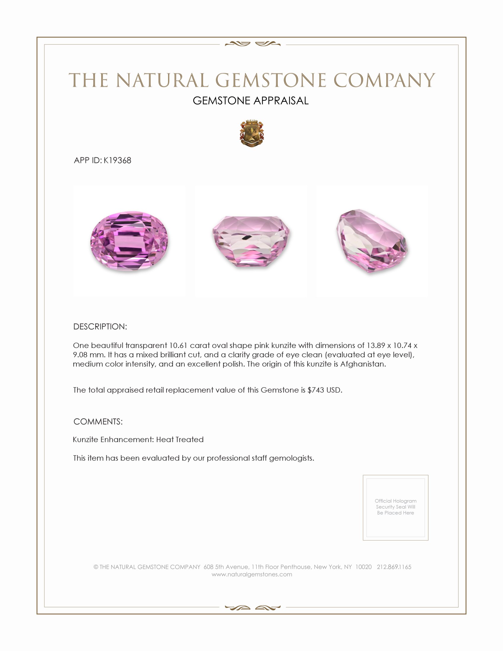 10.61 Ct. Pink Kunzite from Afghanistan