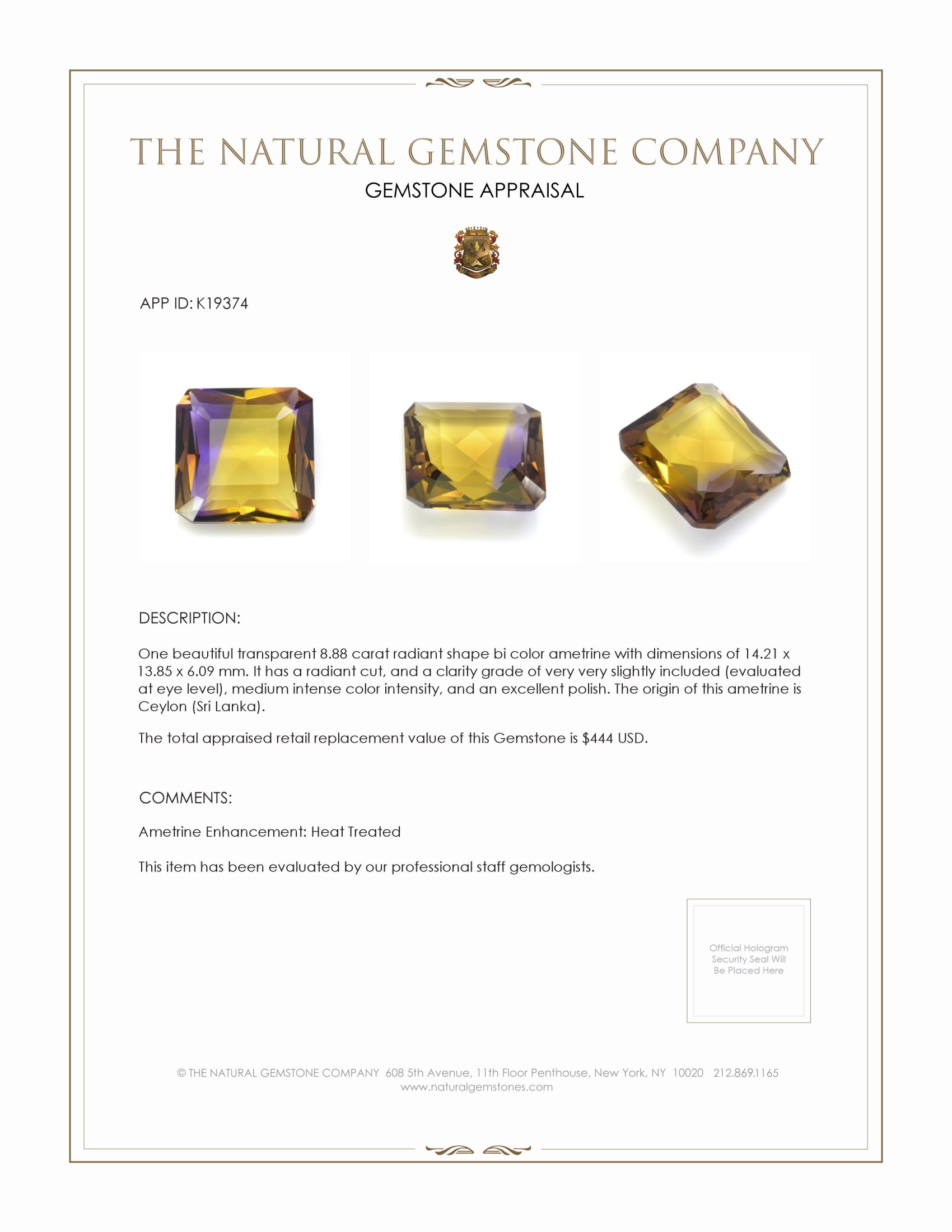 8.88 Ct. Bi Color Ametrine from Ceylon (Sri Lanka)