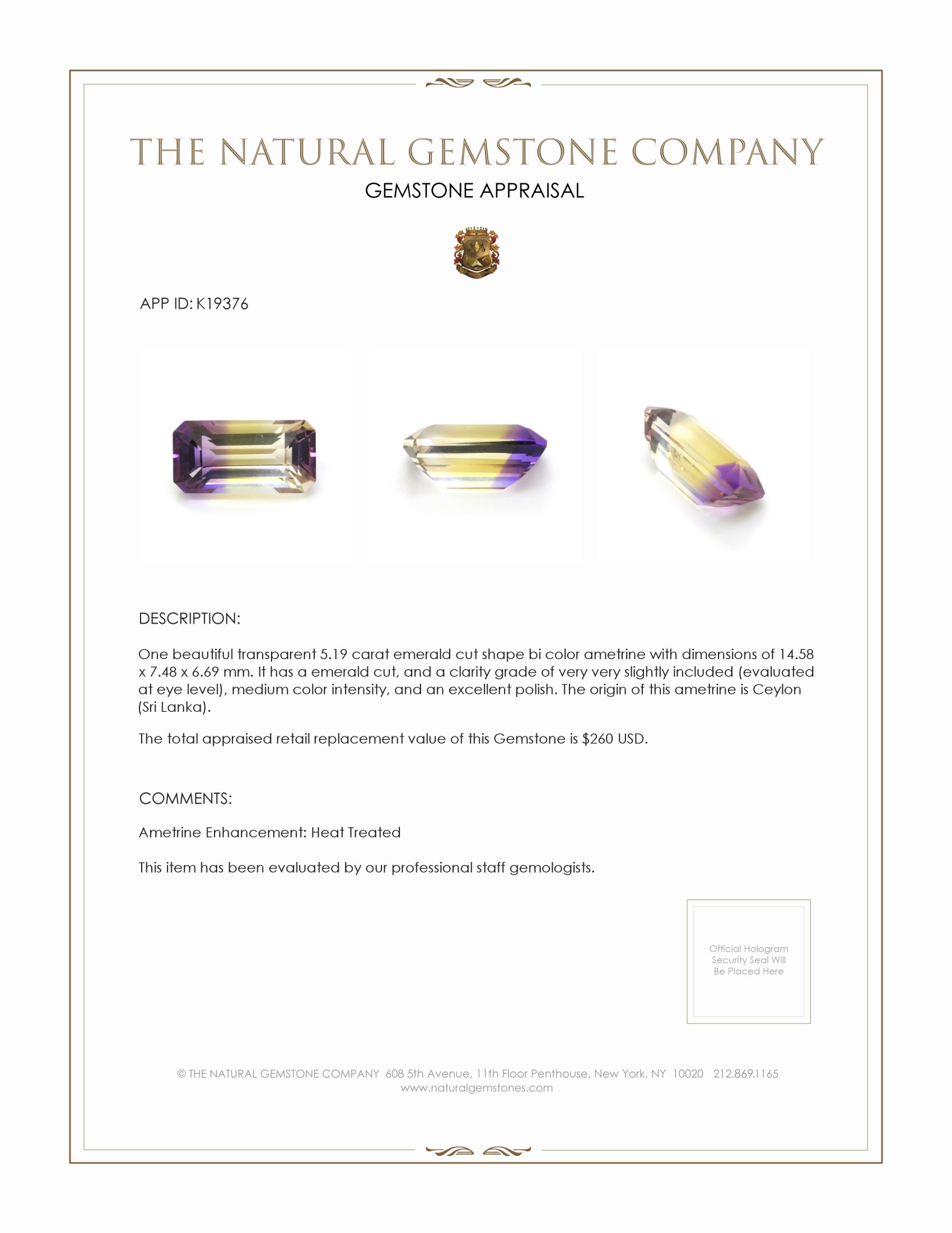 5.19 Ct. Ametrine from Ceylon (Sri Lanka)