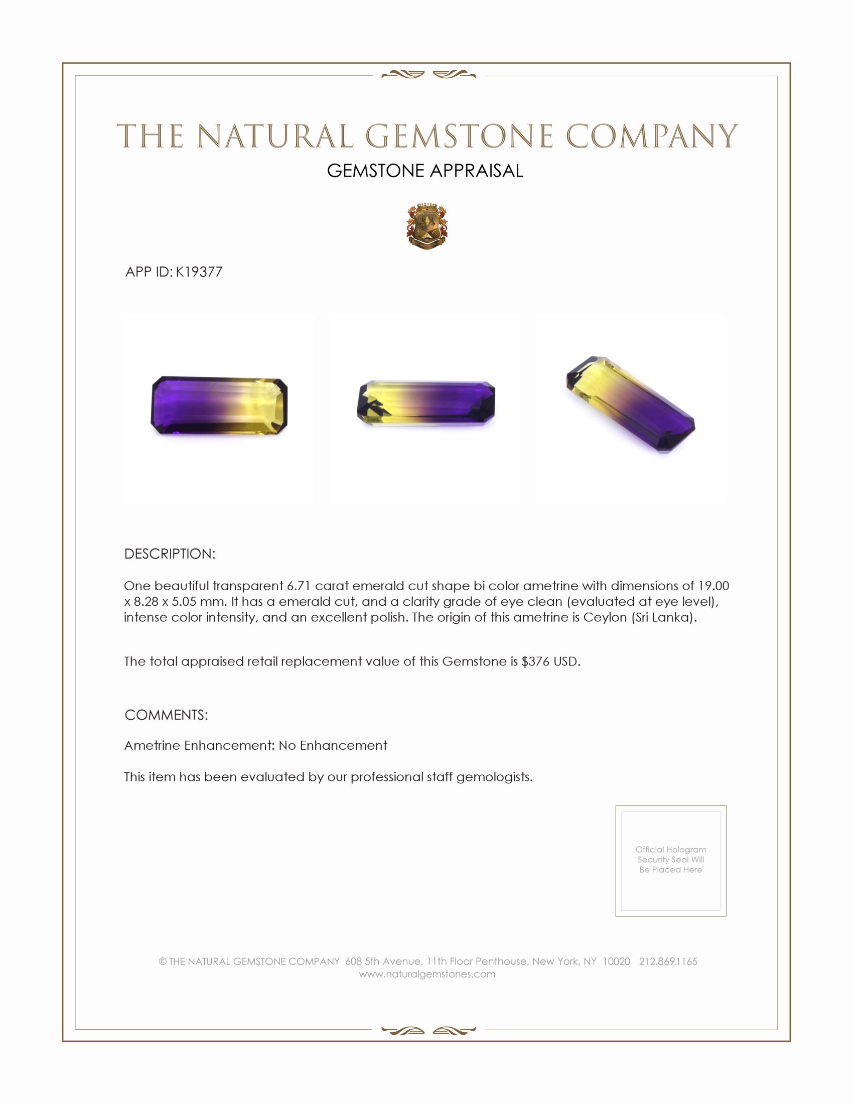 6.71 Ct. Ametrine from Ceylon (Sri Lanka)