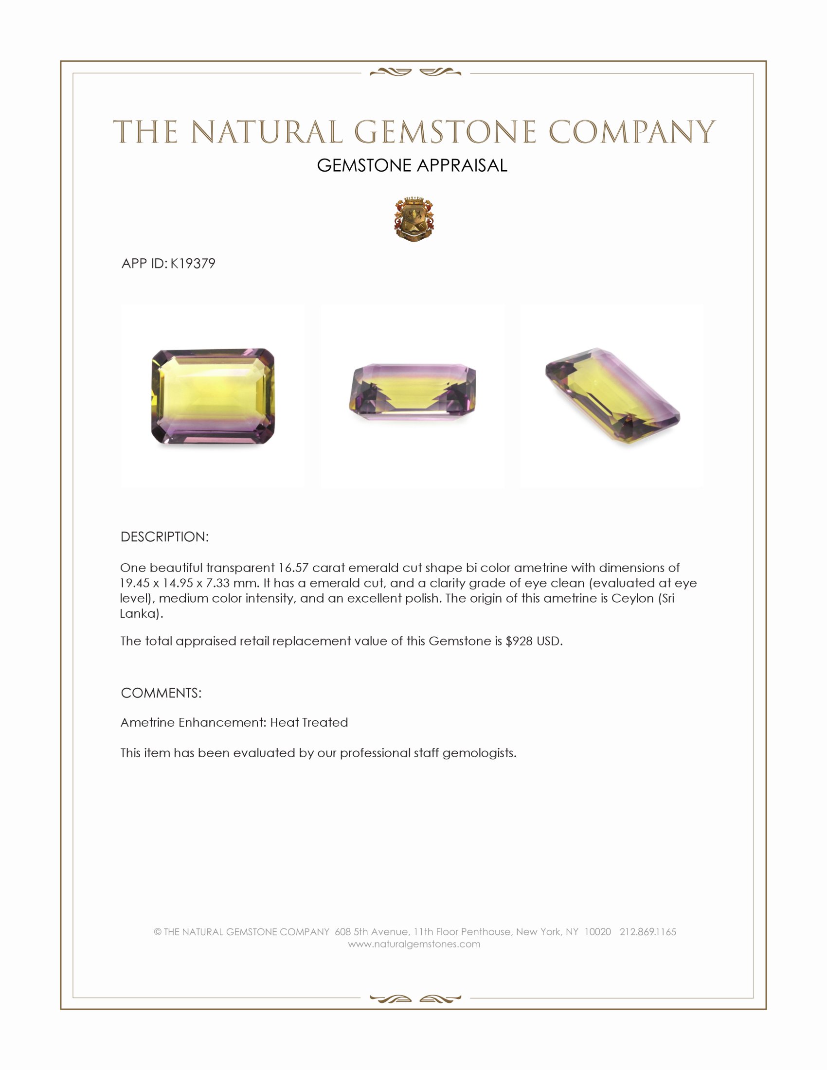 16.57 Ct. Ametrine from Ceylon (Sri Lanka)