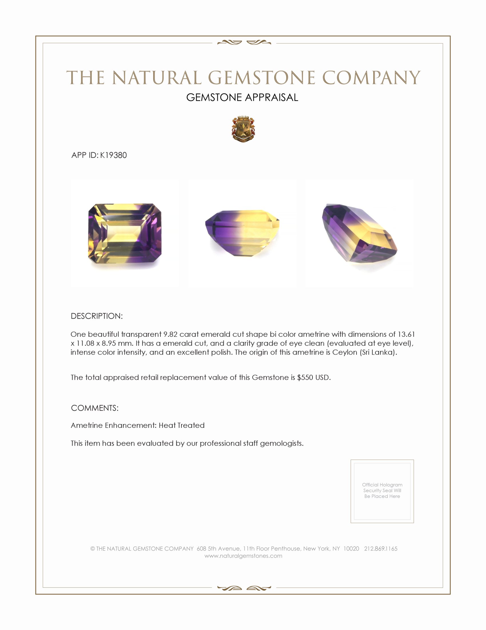 9.82 Ct. Ametrine from Ceylon (Sri Lanka)