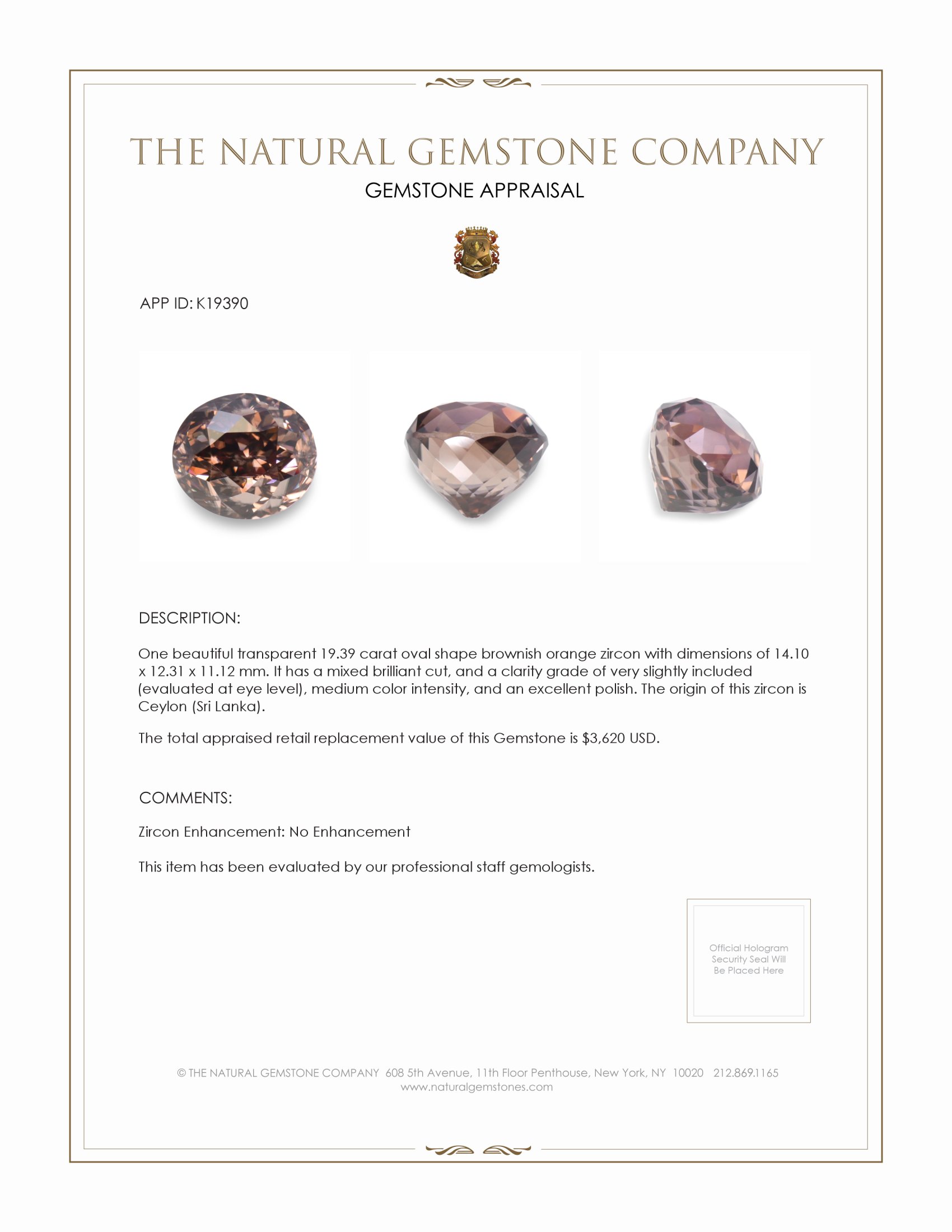 19.39 Ct. Brownish Orange Zircon from Ceylon (Sri Lanka)