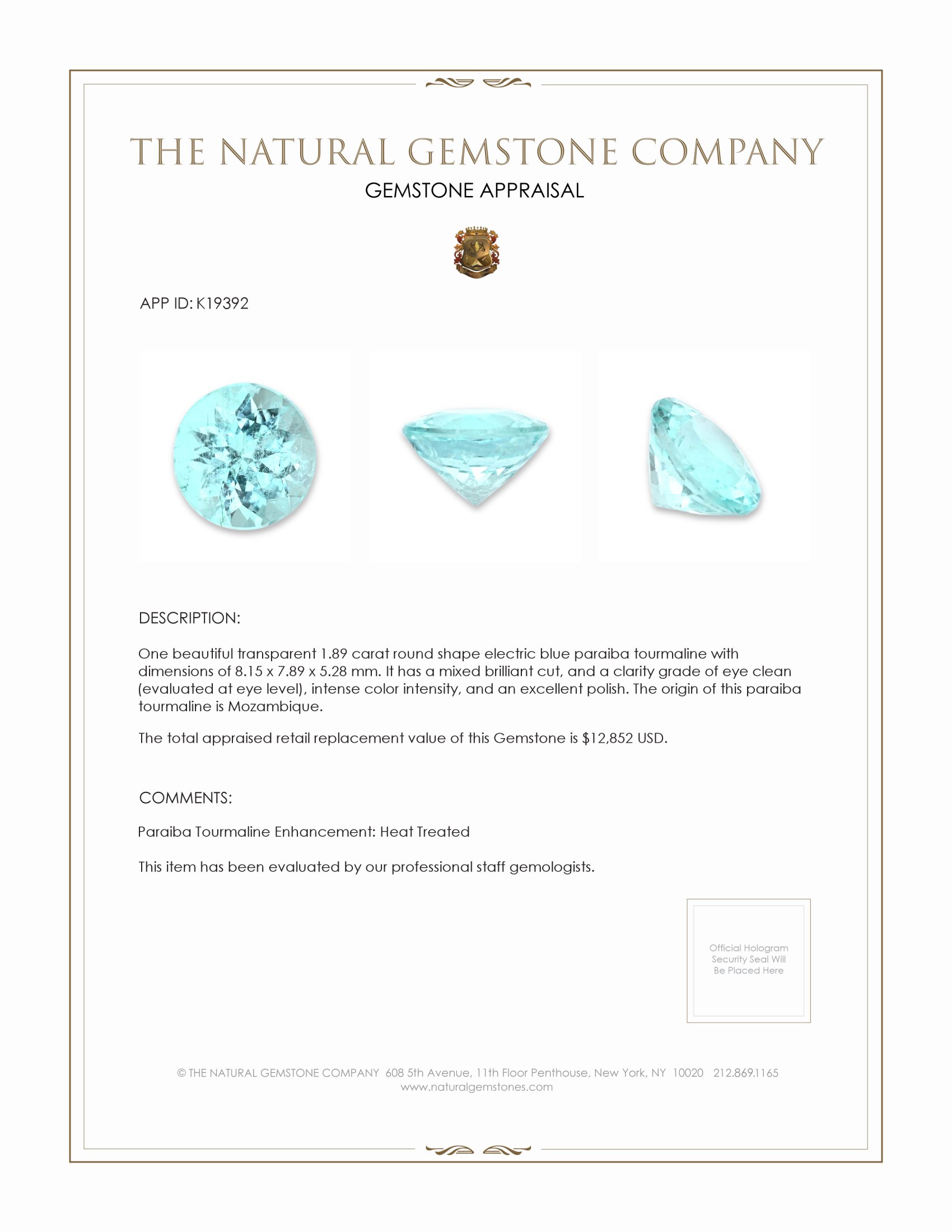 1.89 Ct. Blue Paraiba Tourmaline from Mozambique