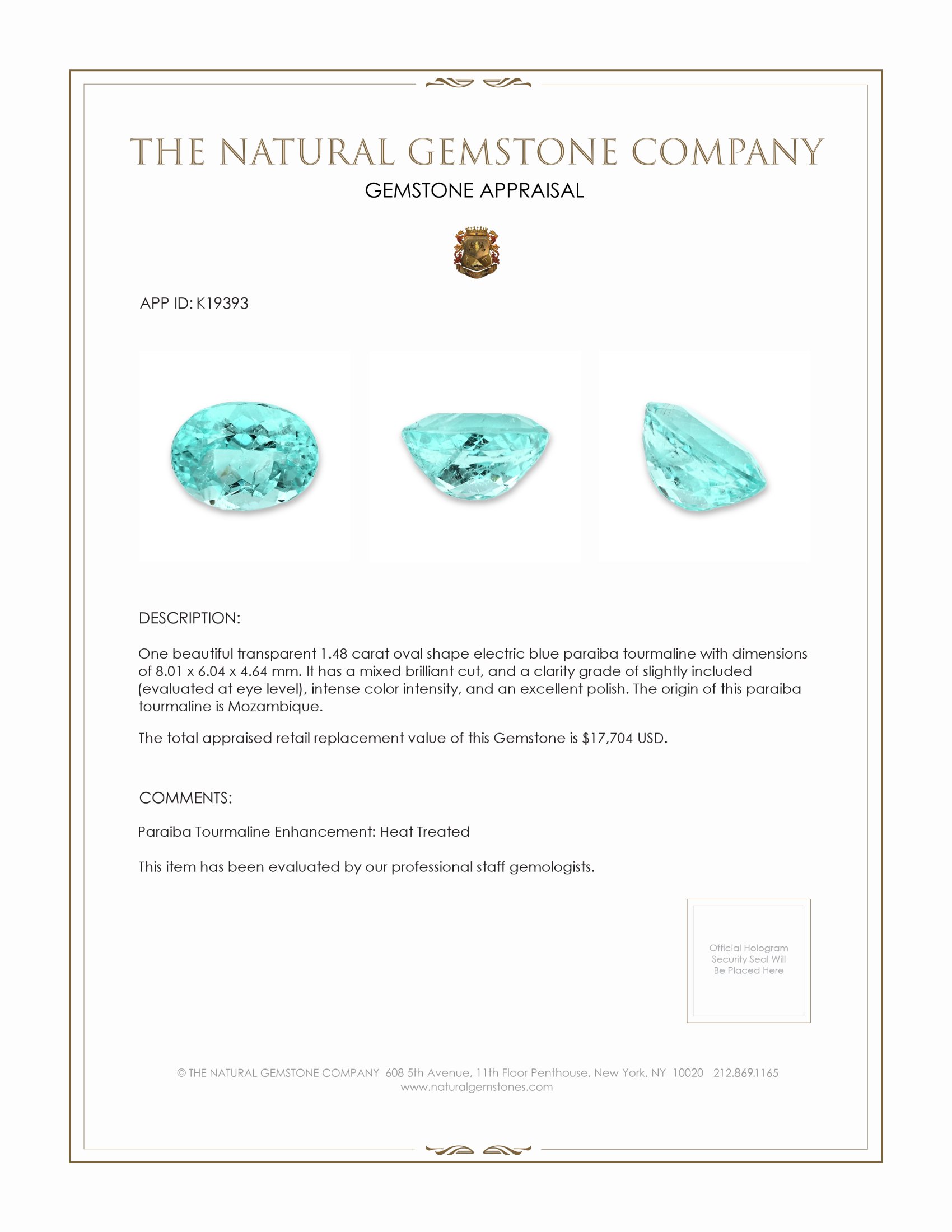 1.48 Ct. Greenish Blue Paraiba Tourmaline from Mozambique