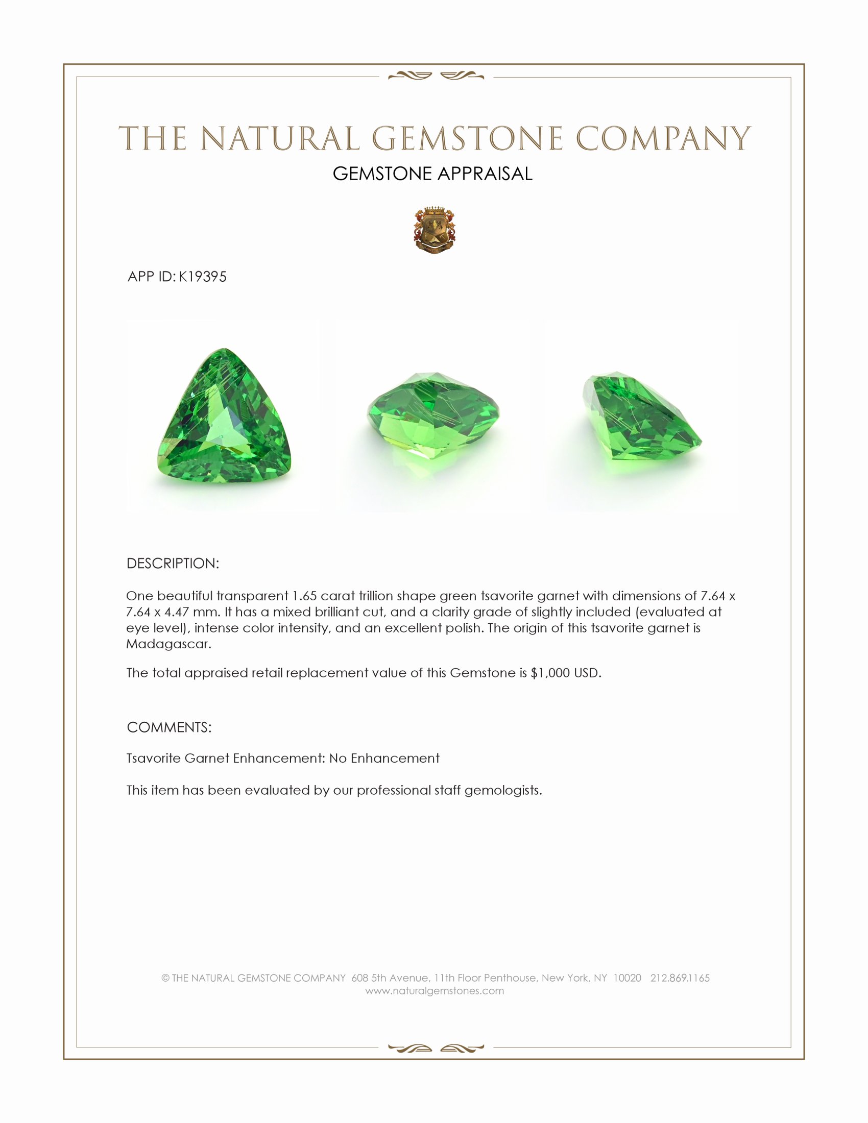 1.65 Ct. Tsavorite Garnet from Madagascar